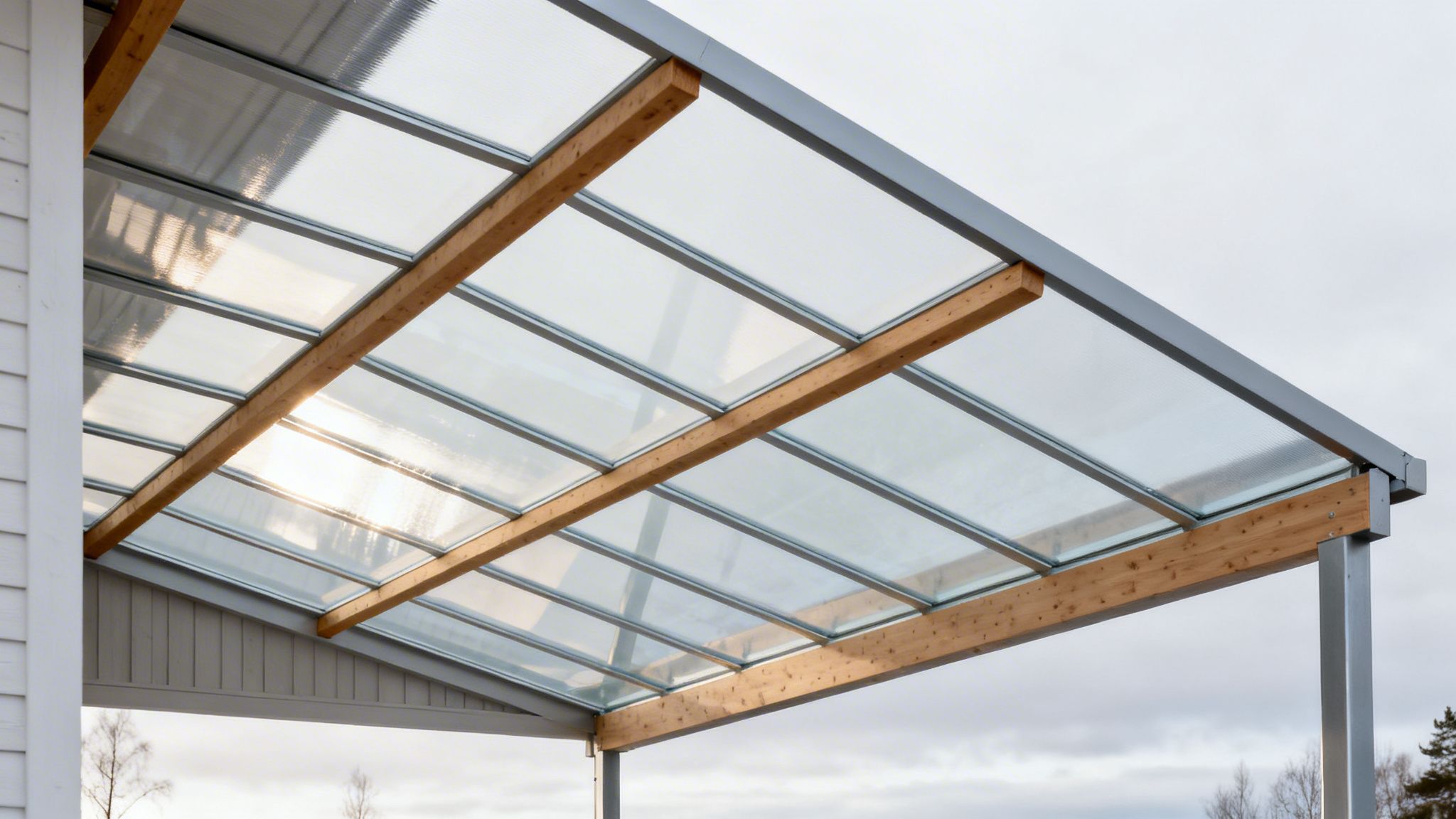 Gennemsigtigt tag lavet af trapezplader understøttet af træbjælker og metalramme mod en grå himmel.