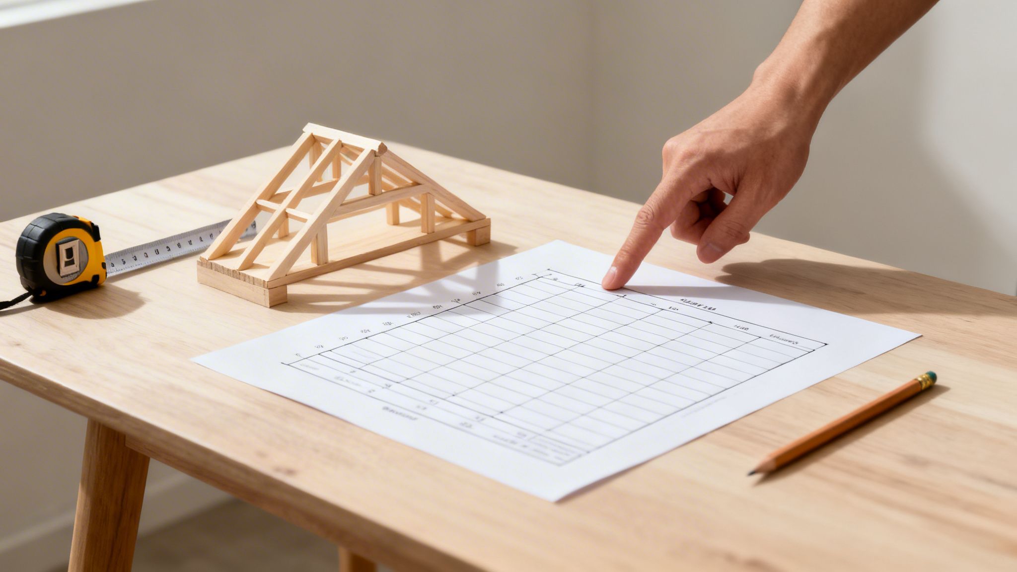 En person gennemgår tagspær-dimensioner på et skema med en træmodel og målebånd på bordet.