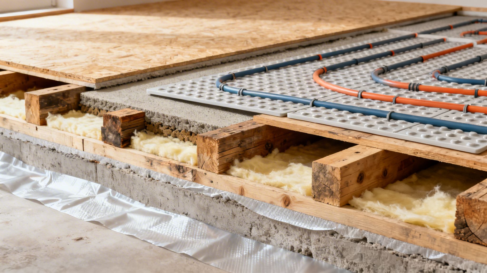 Nærbillede af et nyt gulv med installation af gulvvarme, isolering og træbjælker i et ældre hus.