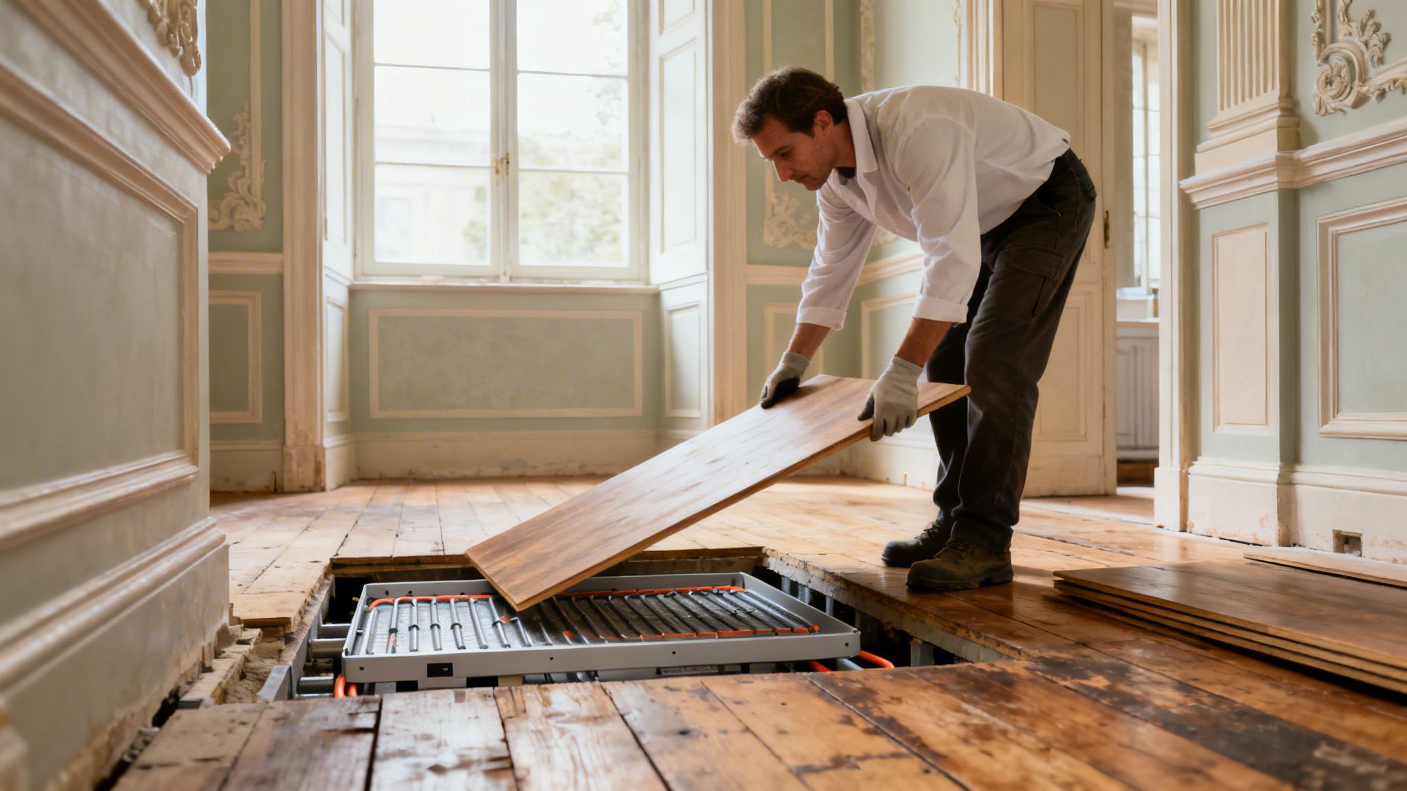 En mand lægger trægulv over et nyinstalleret gulvvarmeanlæg i et rum med lysegrønne vægge og store vinduer.