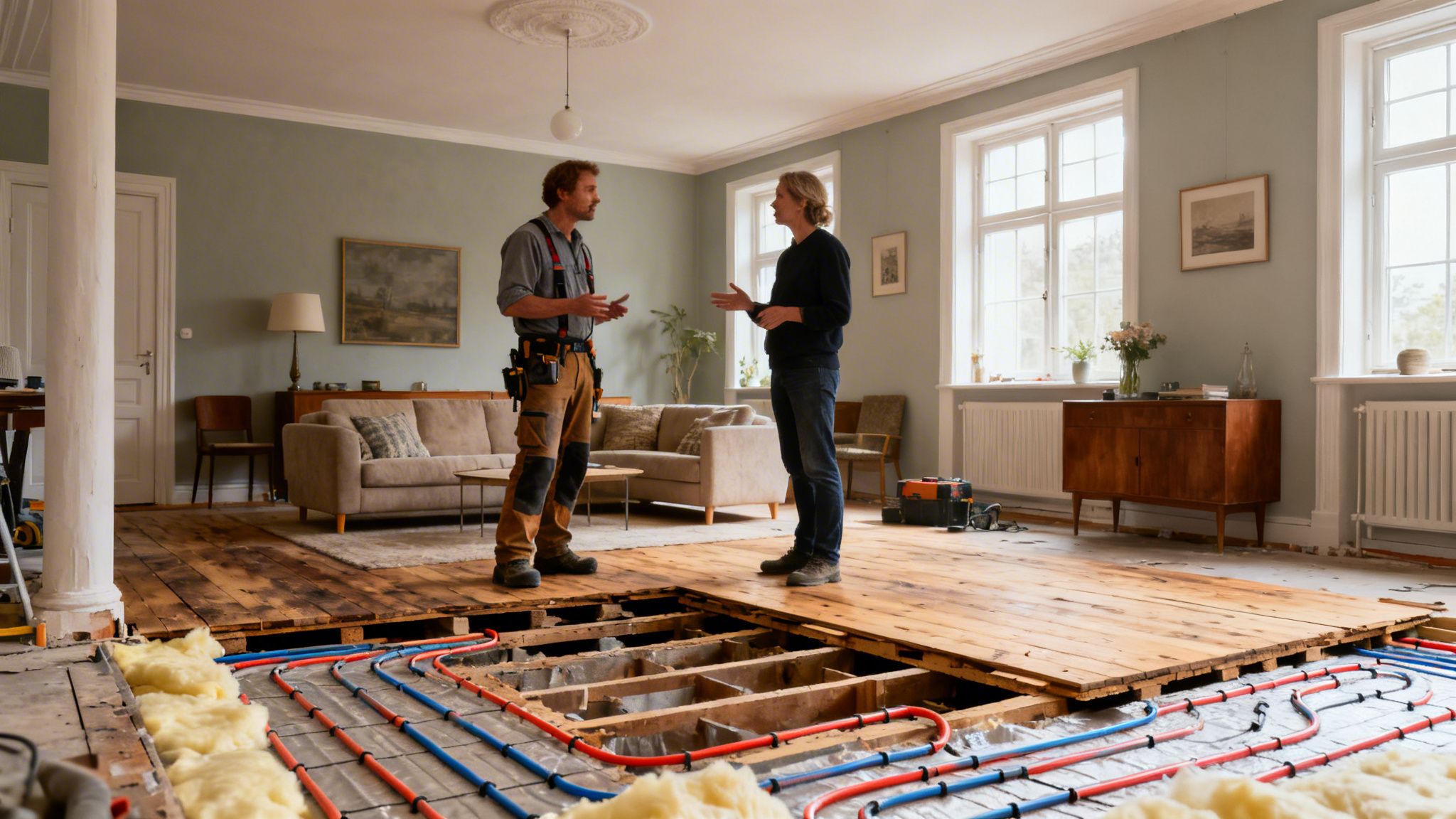 To mænd taler i et rum med delvist opbrudt gulv, der viser installation af gulvvarme.