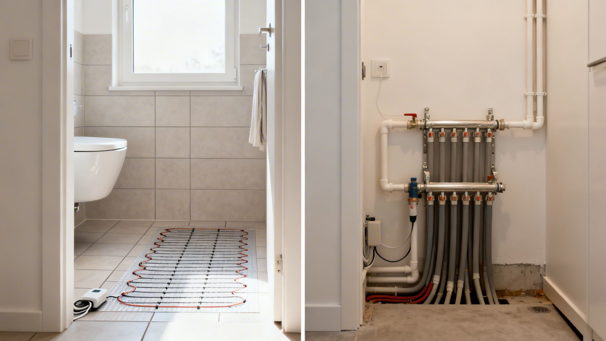 Installation af gulvvarme i et badeværelse med varmemåtte og fordeleren til systemet.