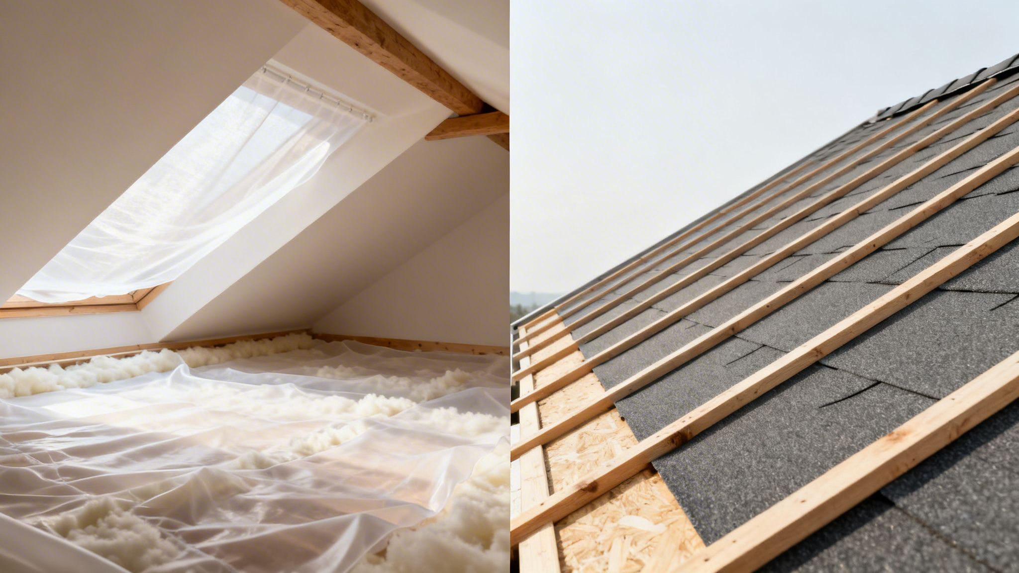 Et opdelt billede der viser loftsisolering med et tagvindue og en tagkonstruktion under opførelse.