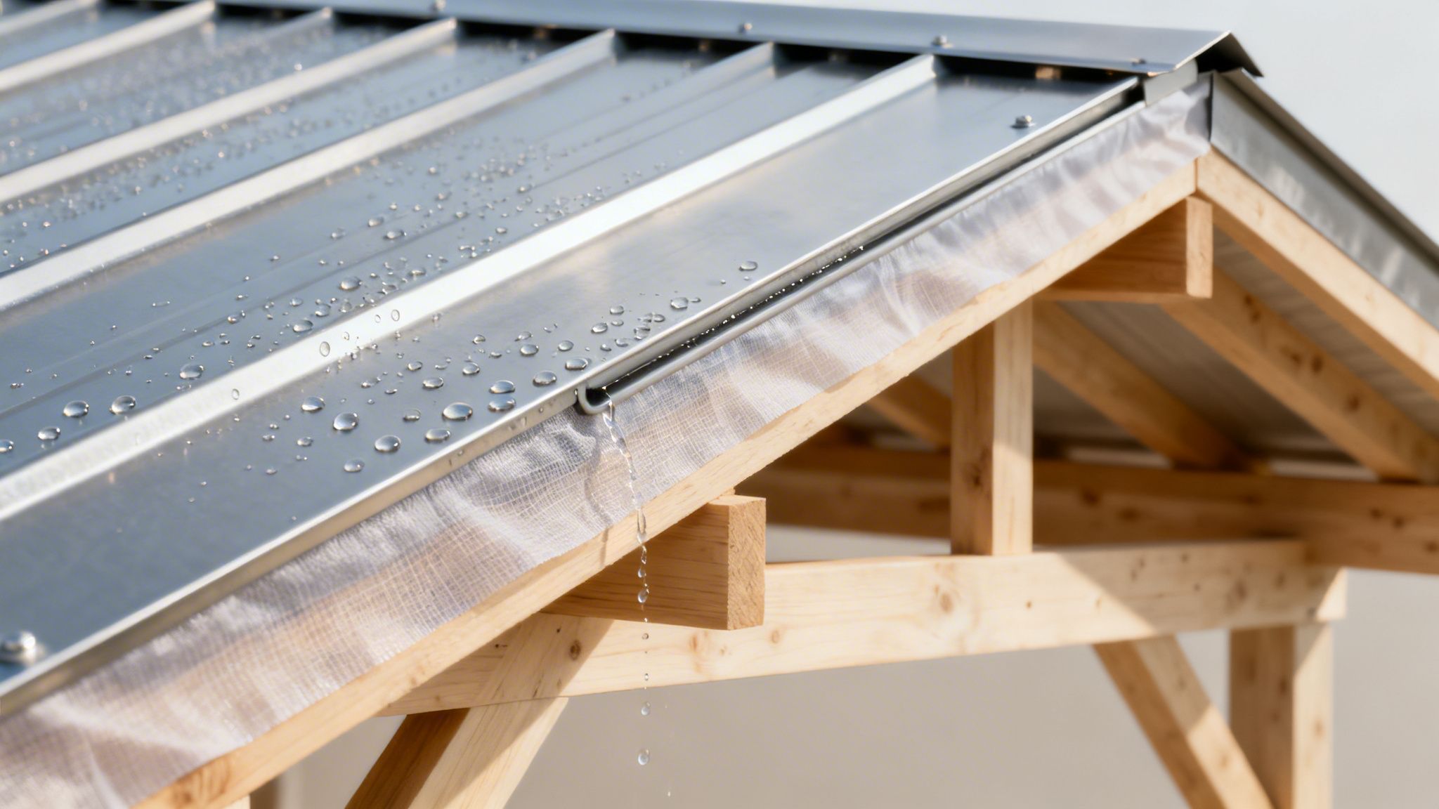 Vanddråber på et metalpladetag, hvor vand drypper fra tagrenden ned mod en trækonstruktion.