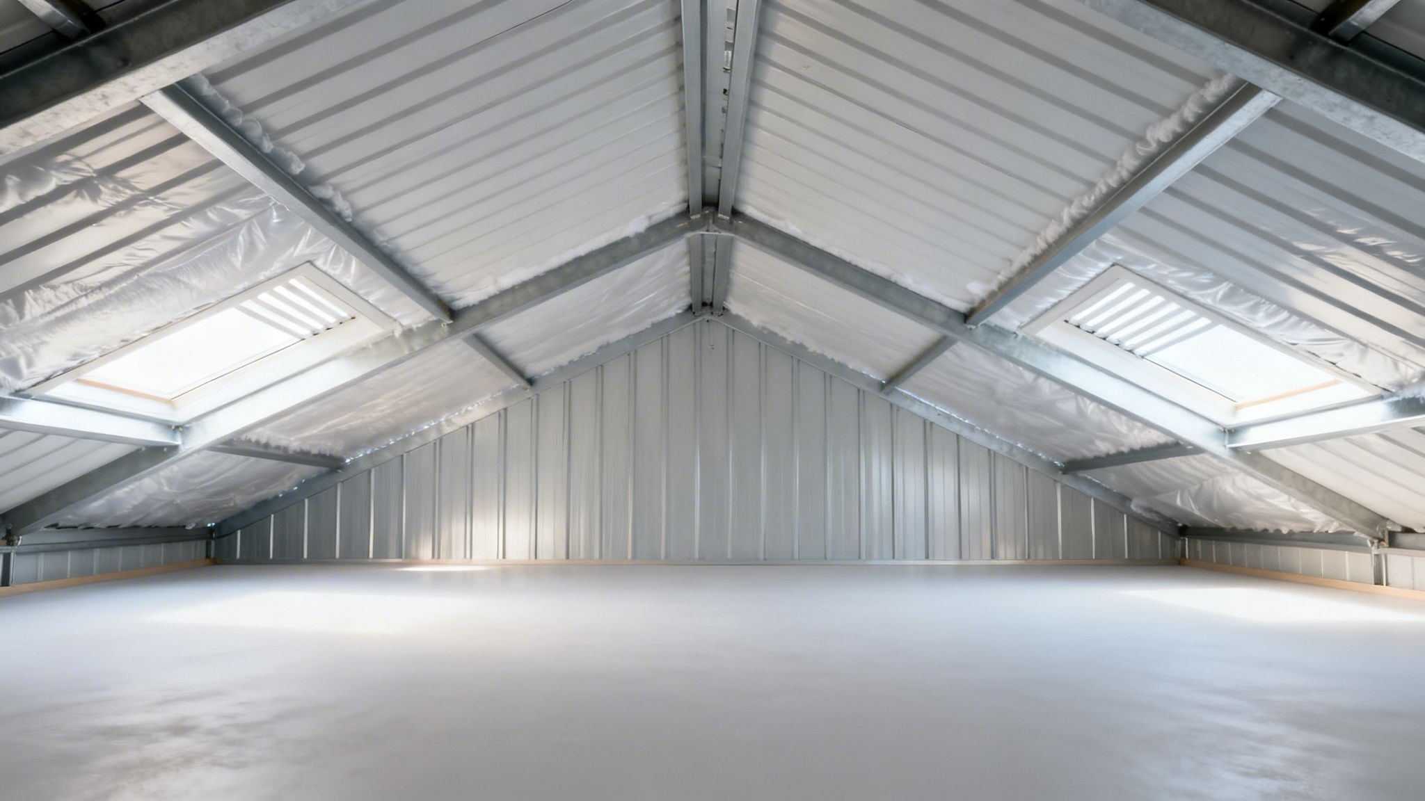 Interiør af en bygning med ståltag, isolering, metalbjælker og to lyse ovenlysvinduer.