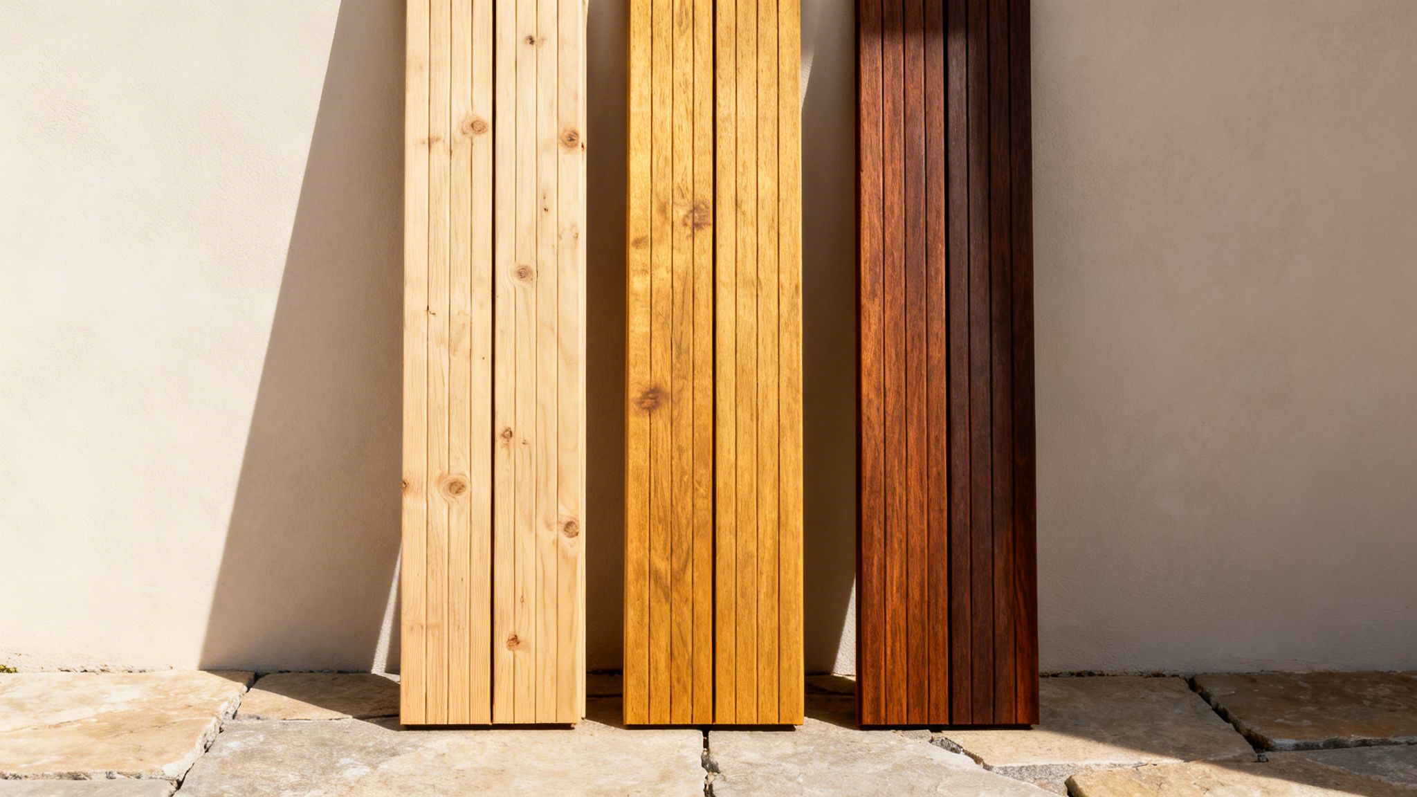 Tre træplanker i lyse, mellem og mørke nuancer står op ad en mur på stenfliser.