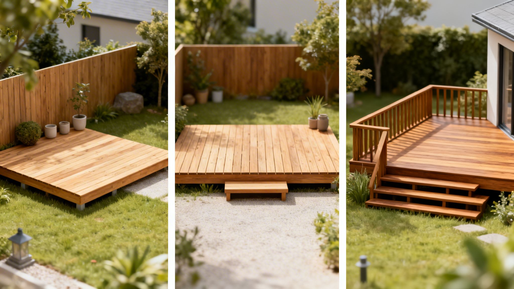 Tre udsnit af træterrasser i en grøn have, en med trin og rækværk, omgivet af planter og et træhegn.