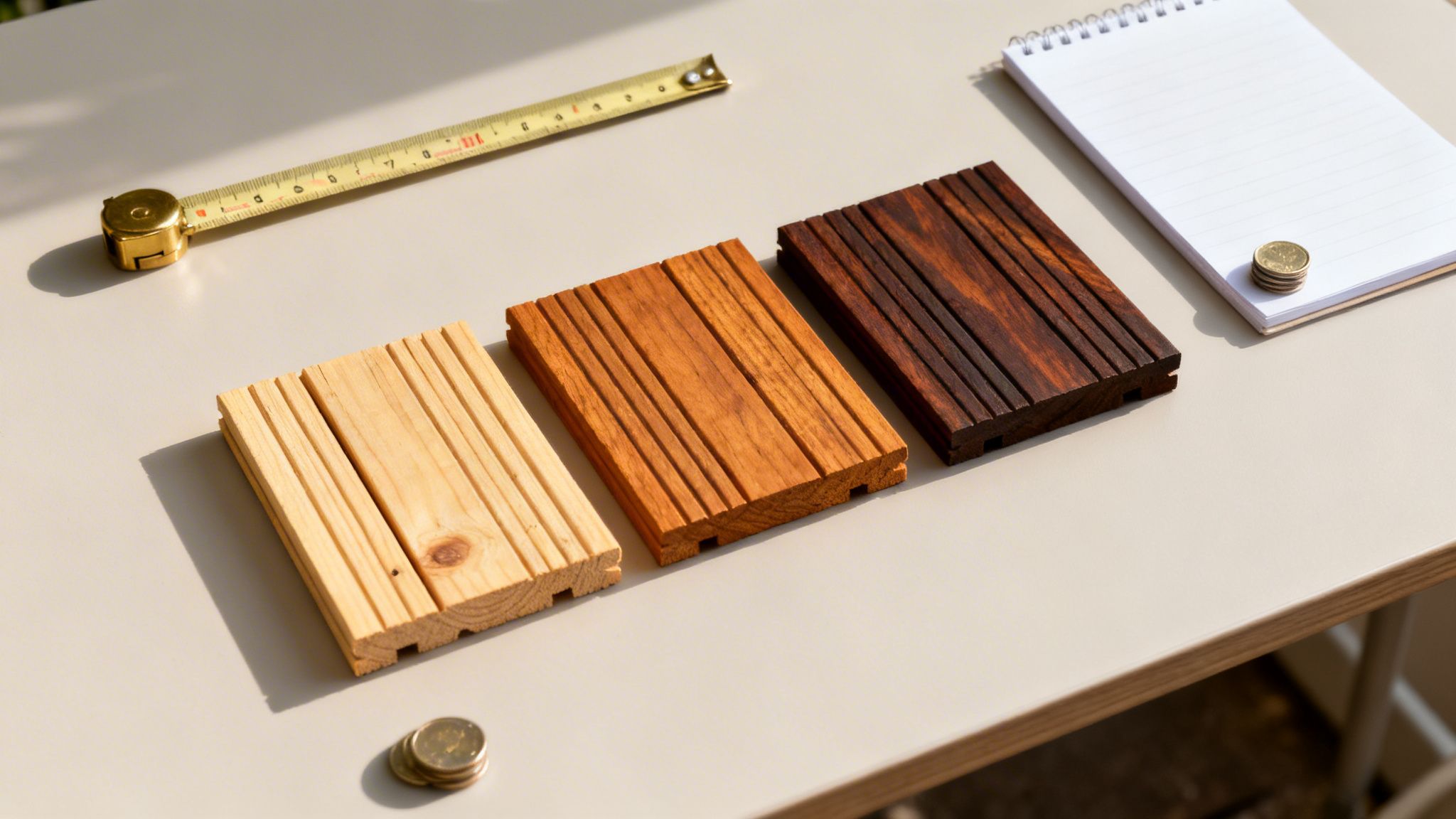 Tre træprøver til terrasser i forskellige nuancer, et målebånd og en notesblok på et bord.