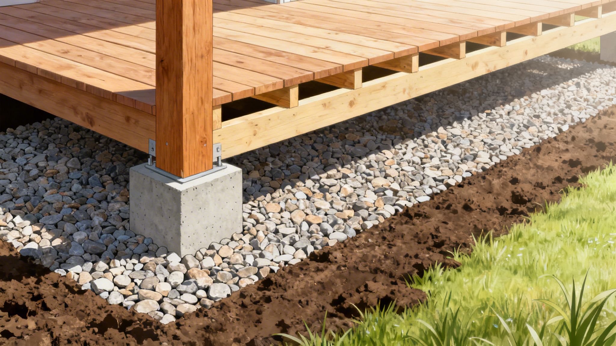 En træterrasse med betonstøtte og grus under, omgivet af jord og græs, viser konstruktionsdetaljer.