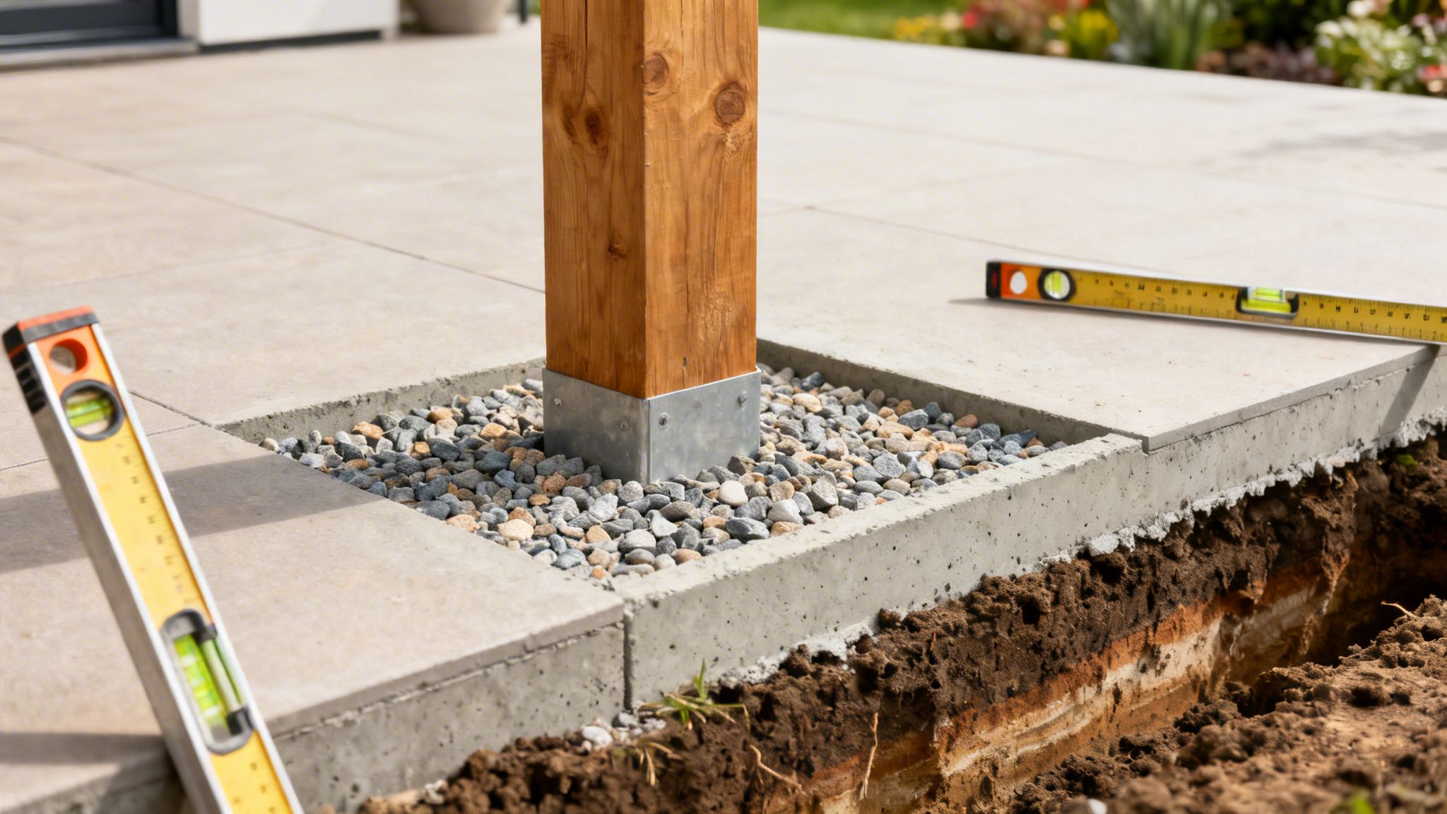 Byggearbejde med træstolpe på betonfundament, omgivet af fliser og grus, med vaterpas til nivellering.