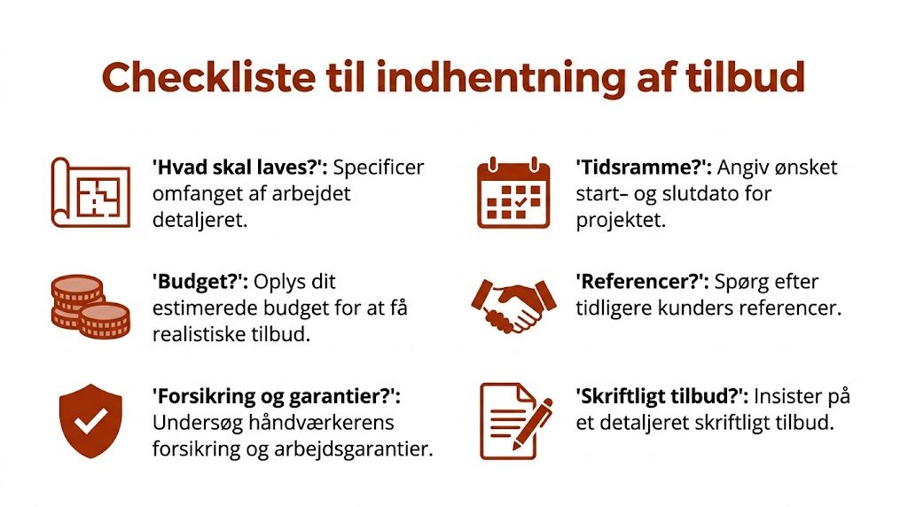 En overskuelig tjekliste til indhentning af tilbud fra håndværkere med vigtige punkter til dit byggeprojekt.