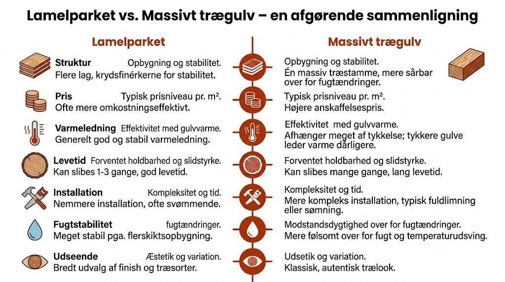 Sammenligning af fordele og ulemper ved lamelparket og massivt trægulv til boligindretning og valg af gulvbelægning.