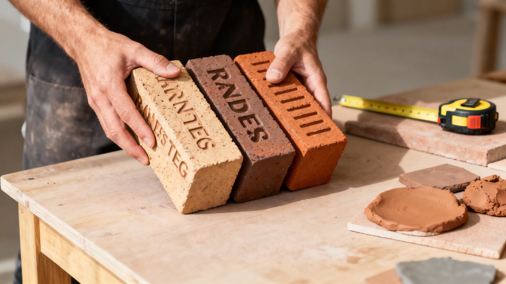 Nærbillede af hænder, der holder tre mursten i forskellige farver, med teksten 'RANDERS TEGL' præget i dem.