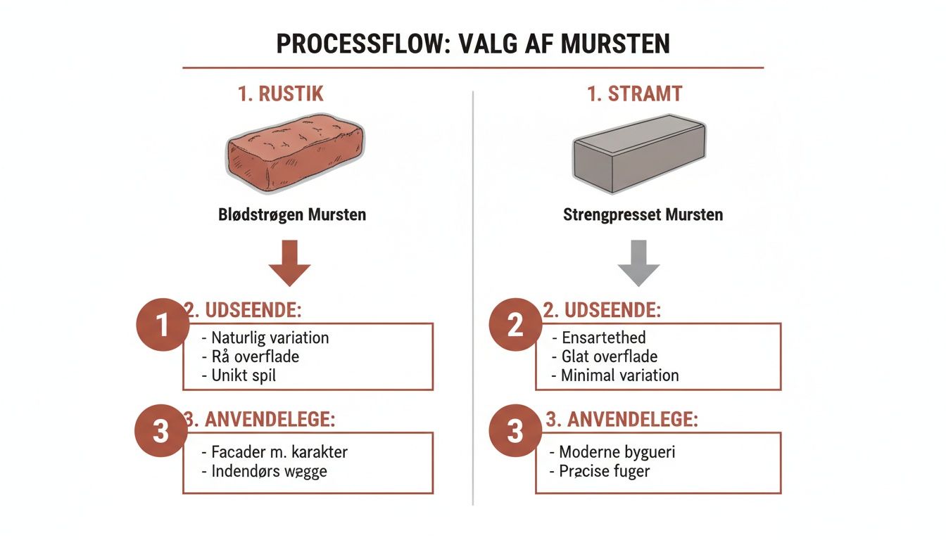 Processflow, der sammenligner rustikke og stramme mursten med hensyn til udseende og anvendelse.