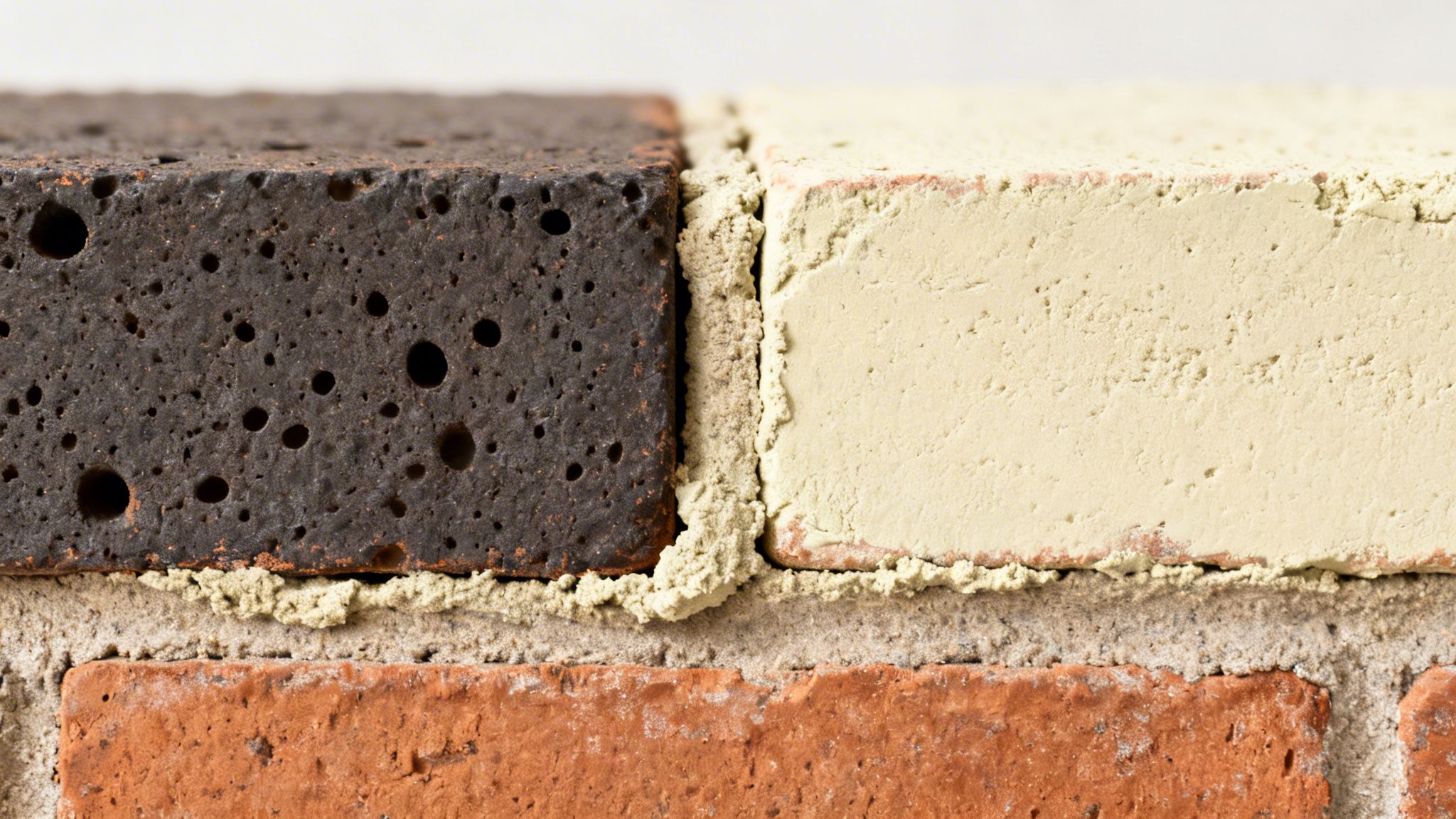 Nærbillede af en murstensvæg med mørke, lyse og røde mursten og mørtelfuger, der viser forskellige teksturer.