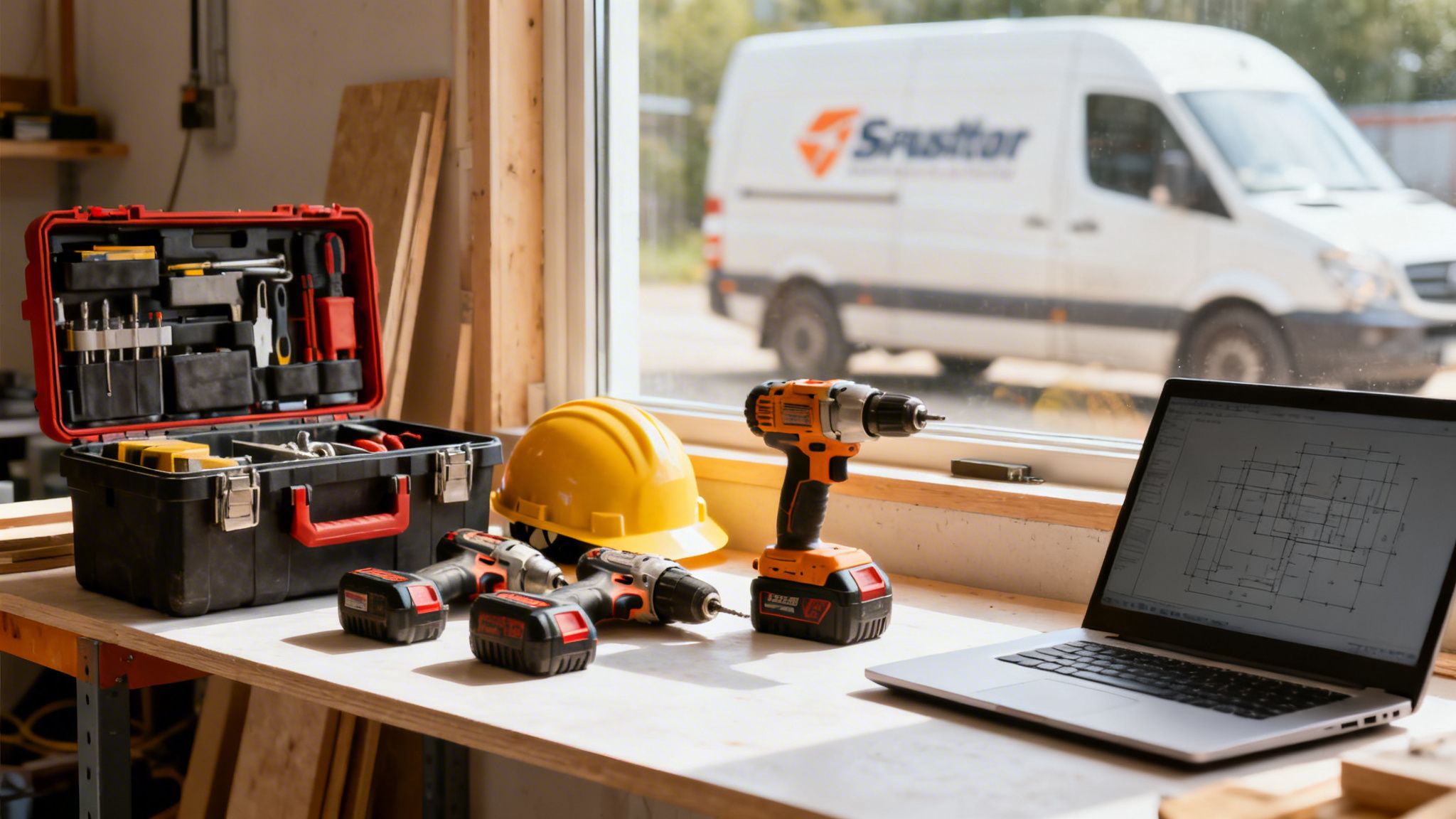 Arbejdsplads med værktøj, hard hat, laptop med plantegning og en servicevogn udenfor vinduet.