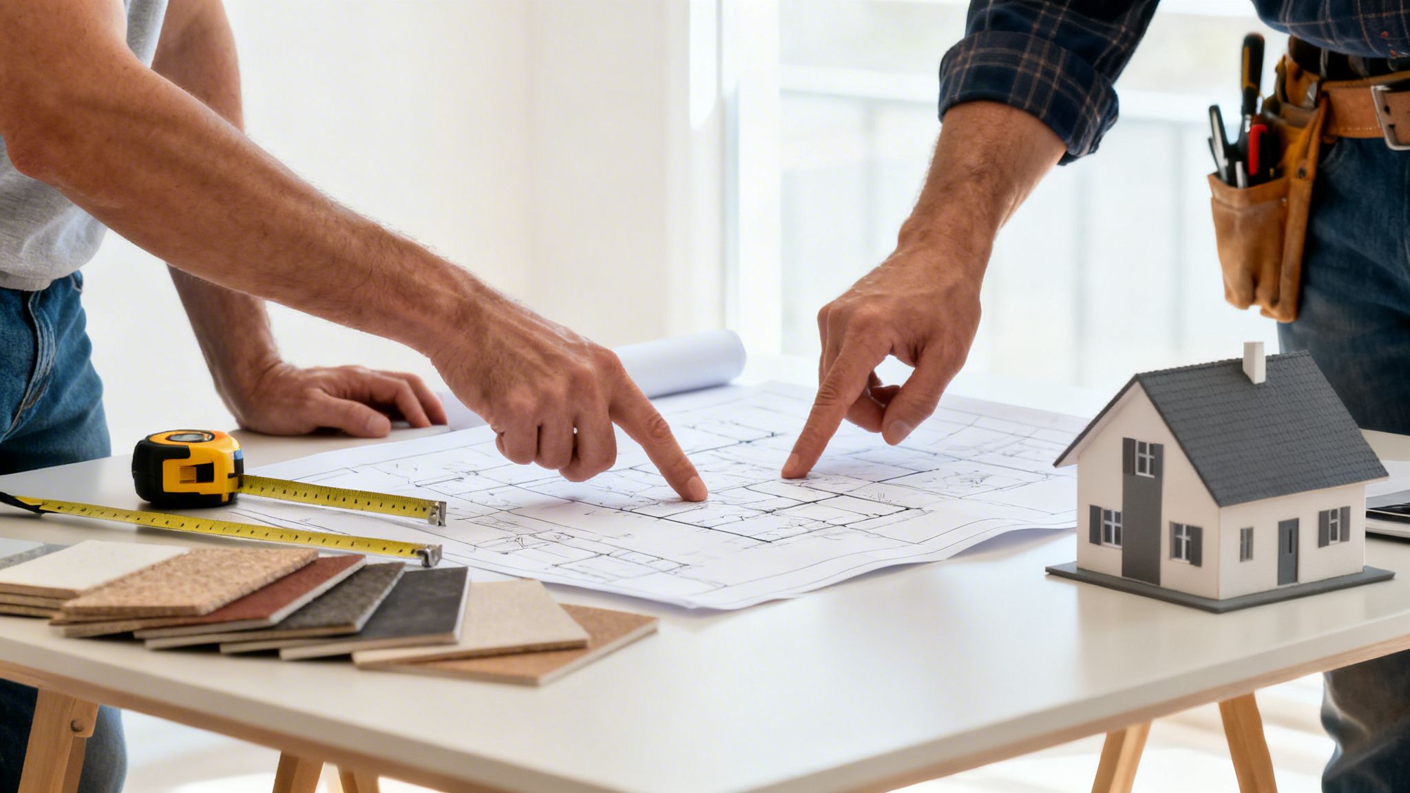 To personer studerer byggeplaner for et husprojekt med materialeprøver og en model på bordet.