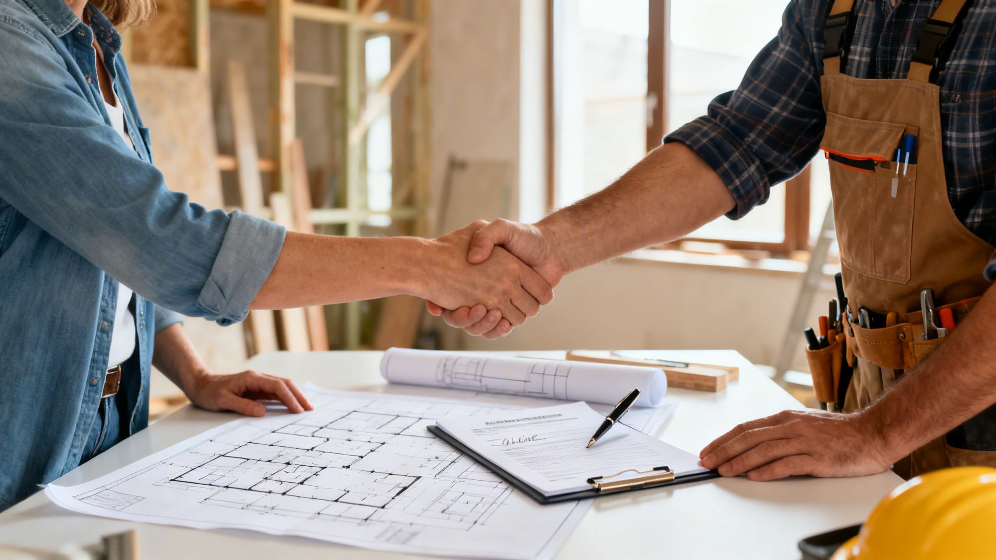 En bygherre og en tømrer giver hinanden hånd over en underskrevet kontrakt og byggetegninger på en byggeplads.