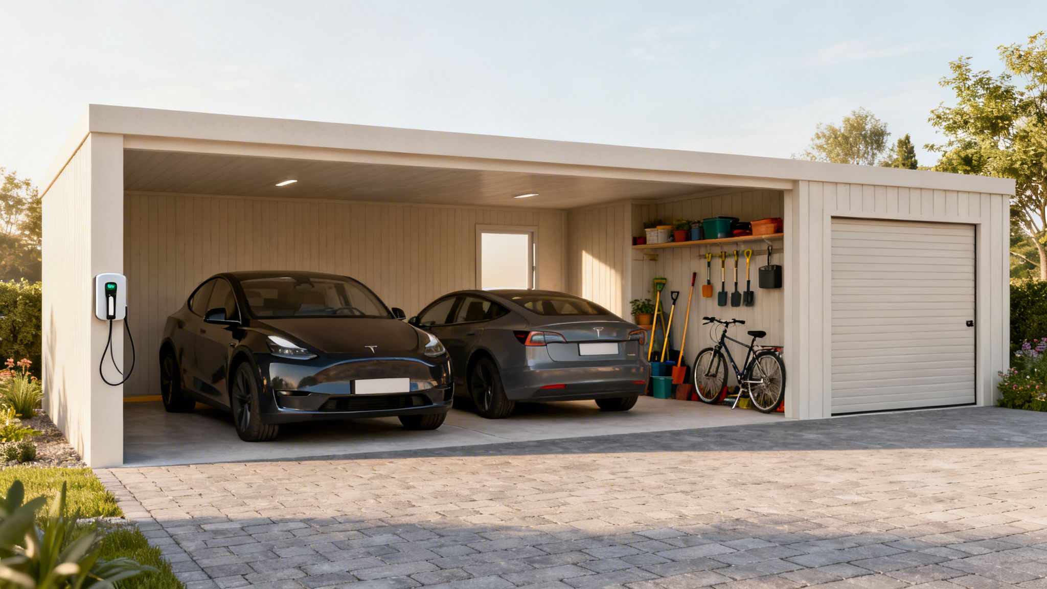 Moderne carport med to sorte Teslaer, en elbiloplader, og et praktisk skur med opbevaring og en cykel.