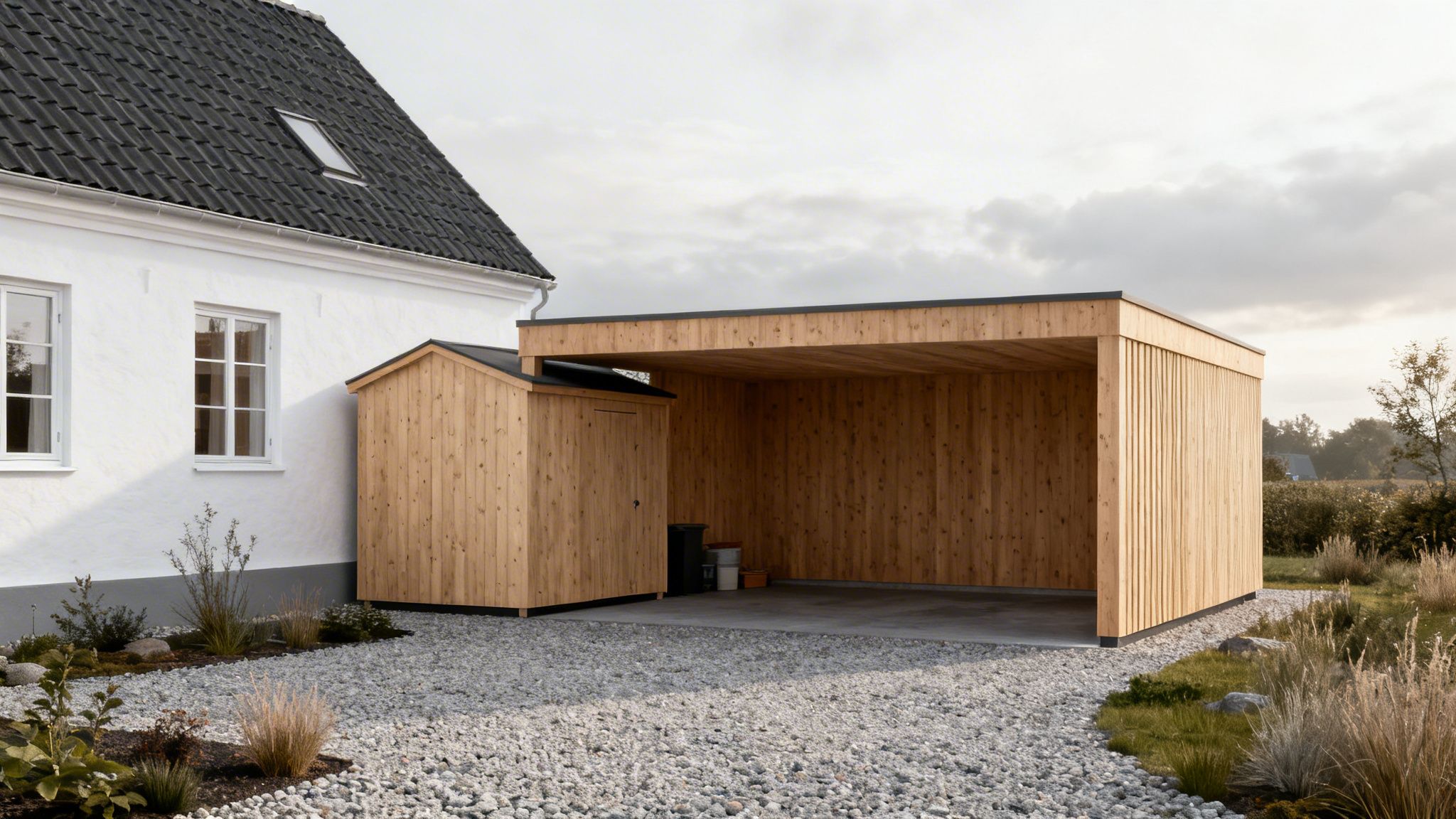 Et moderne, hvidt hus med sort tegltag, samt en stilfuld træcarport med integreret skur og grusindkørsel.