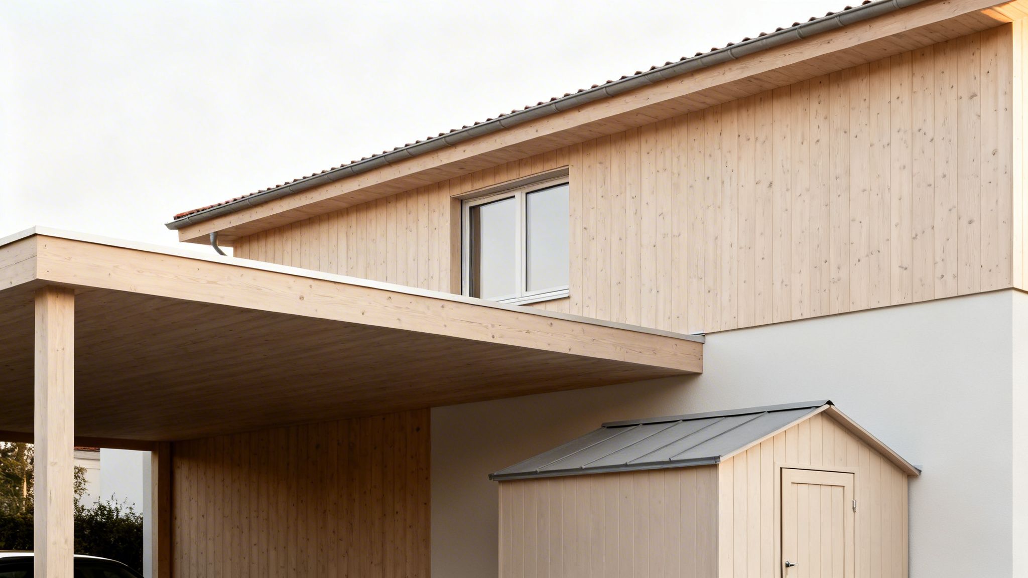 Moderne hus med træfacade, integreret carport og et lille skur i træ.