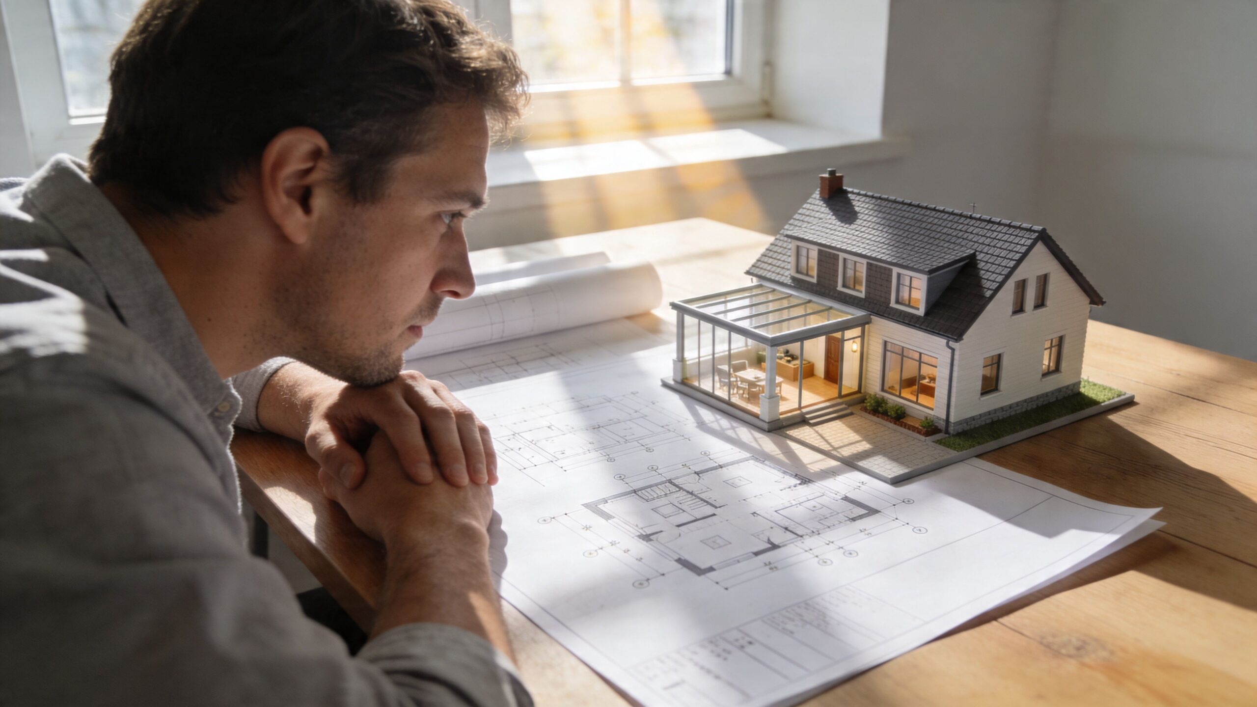 En mand kigger koncentreret på en arkitekttegning og en model af et hus med en moderne tilbygning.