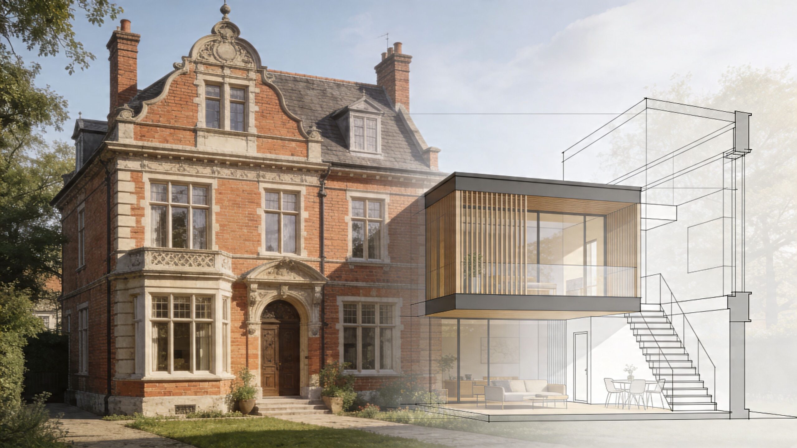 Arkitektonisk visualisering af moderne tilbygning til et historisk rødt murstenshus med en kombination af klassisk og moderne design.