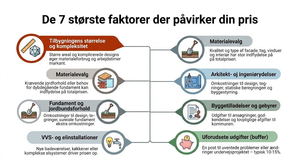 En infografik der viser de syv største faktorer, der påvirker prisen på en tilbygning til huset.