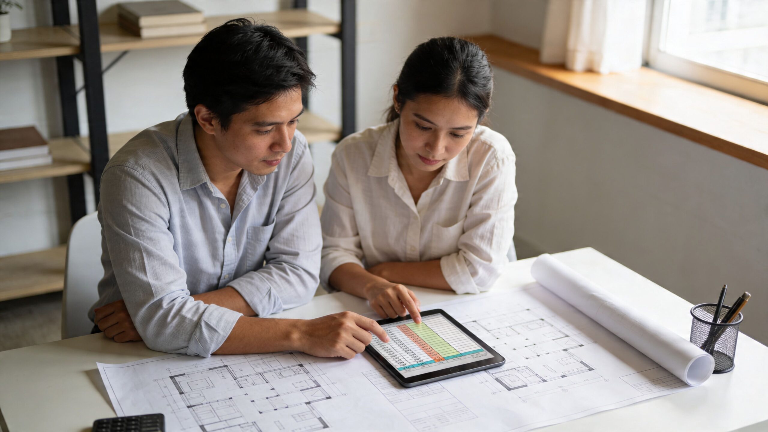 Mand og kvinde kigger på et tablet-display med økonomiske data over plantegninger til en husrenovering.