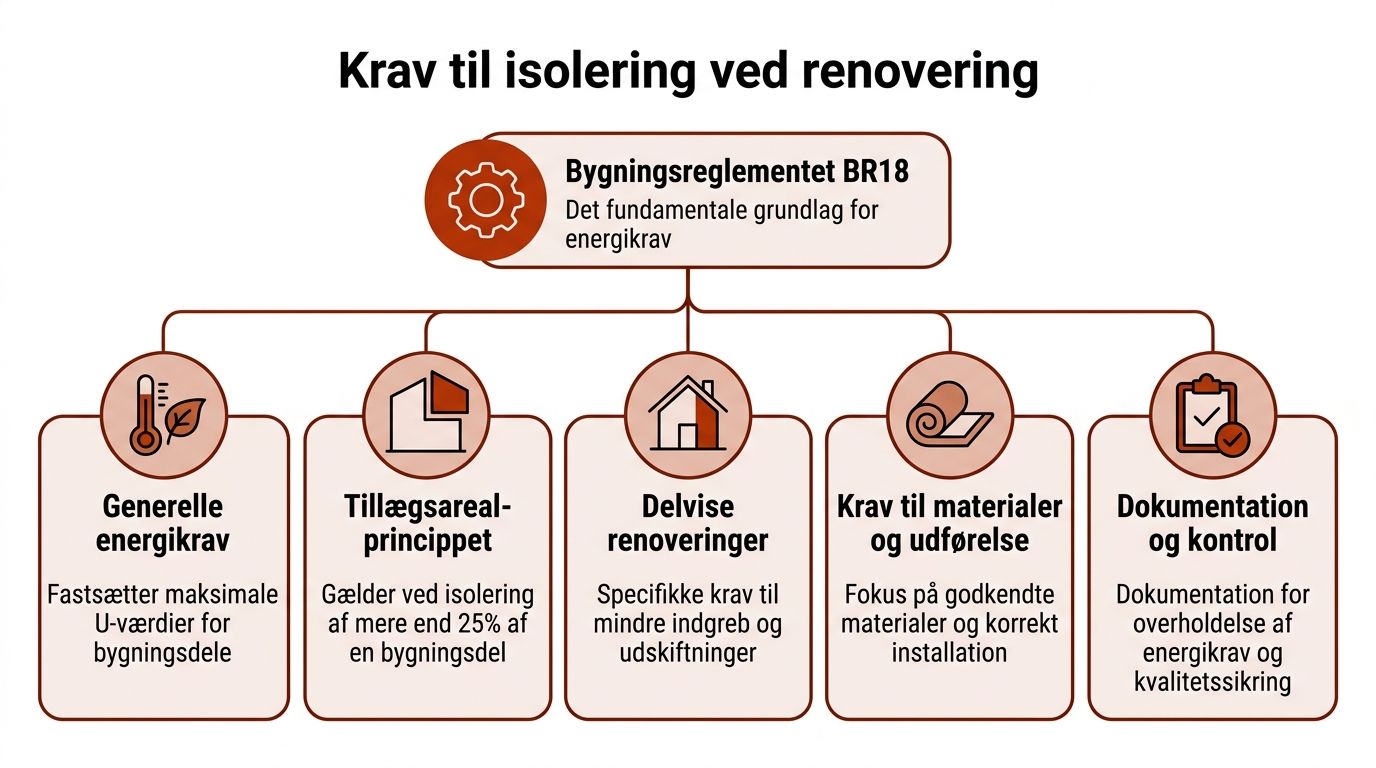 En infografik der viser de fem vigtigste krav til isolering ved renovering ifølge Bygningsreglementet BR18 i Danmark.