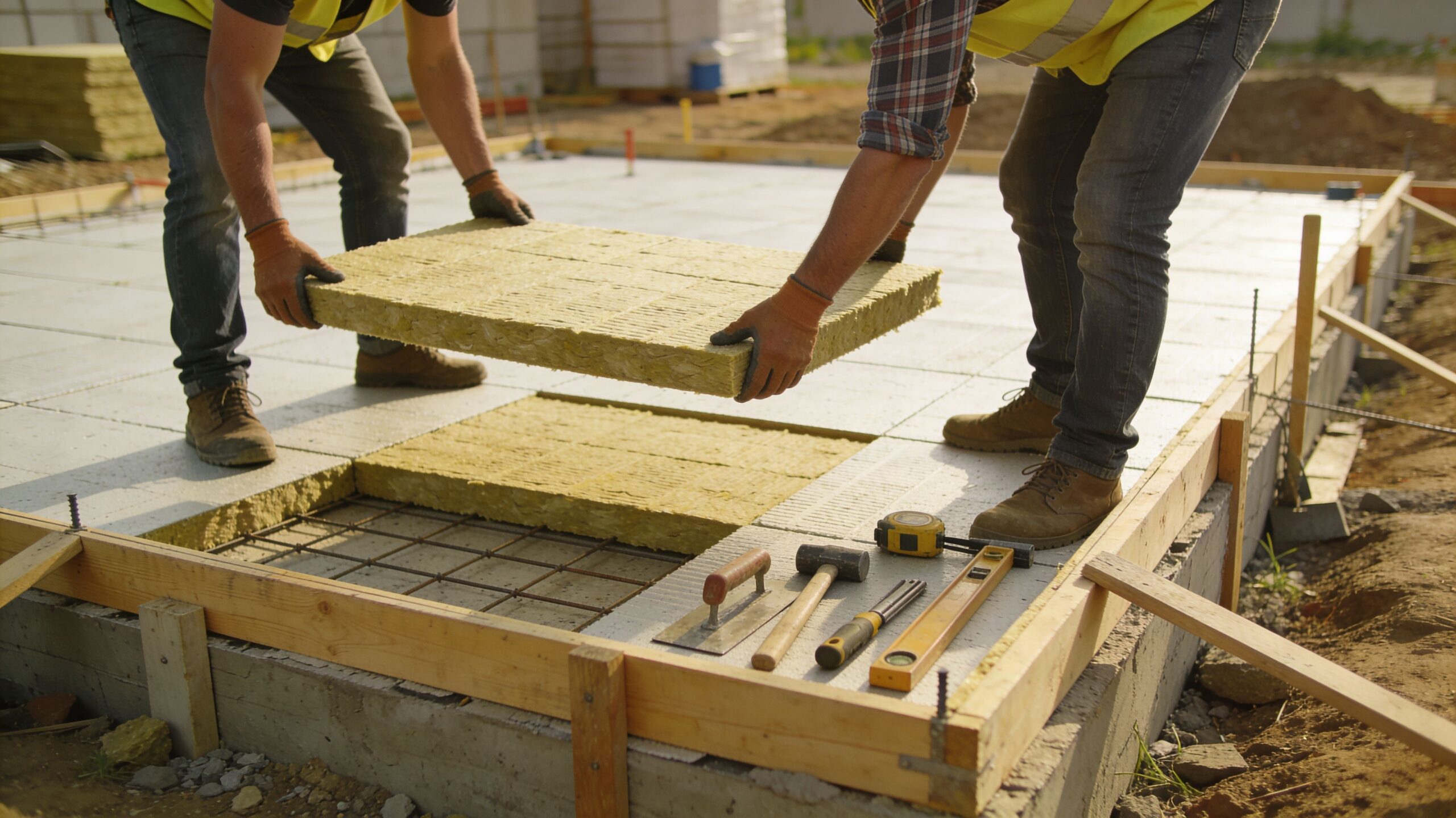 To bygningsarbejdere placerer isoleringsplader af mineraluld på en støbt betonfundament under et byggeprojekt på en solskinsdag.