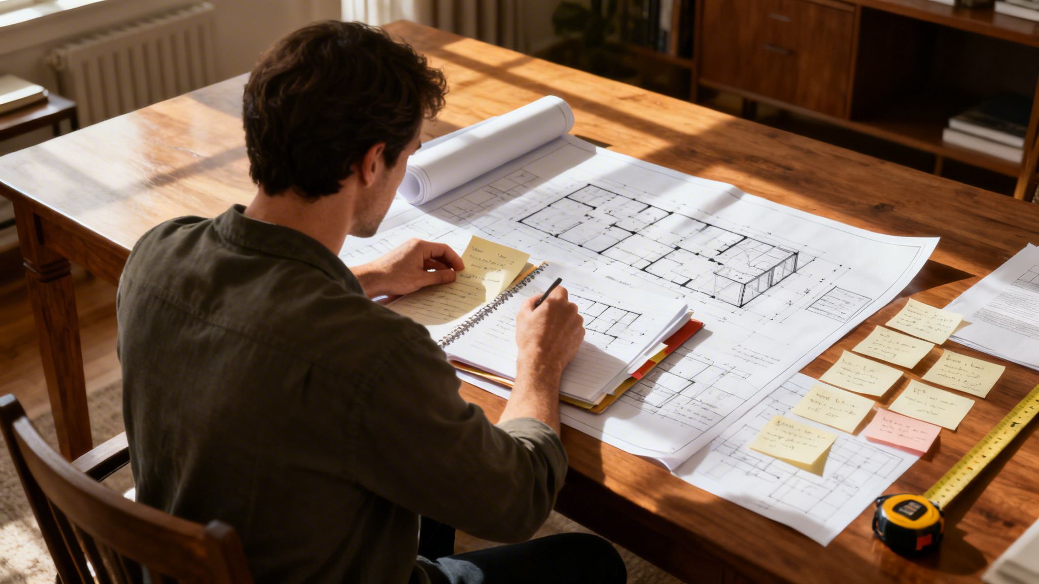 En mand sidder ved et træbord og arbejder fokuseret på byggetegninger med en notesblok og notater.