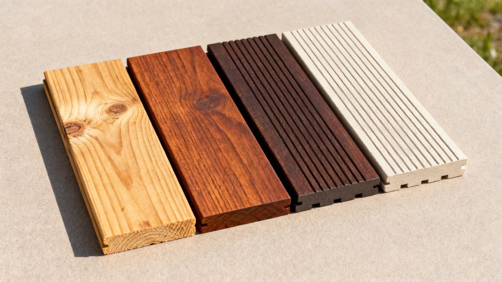 Fire forskellige terrassebrædder i træ og komposit, i naturalige og farvede nuancer, vises på en lys overflade.