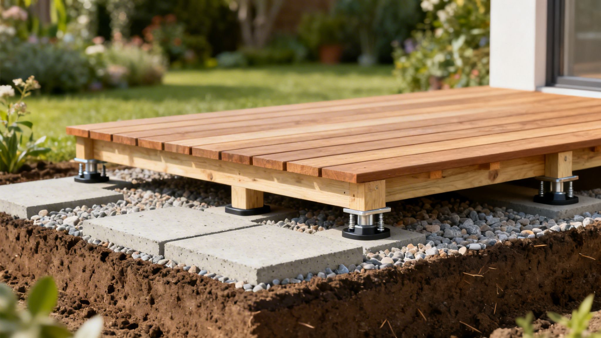 Nyanlagt træterrasse på justerbare fødder og betonfliser, omgivet af havejord og grus i en have.