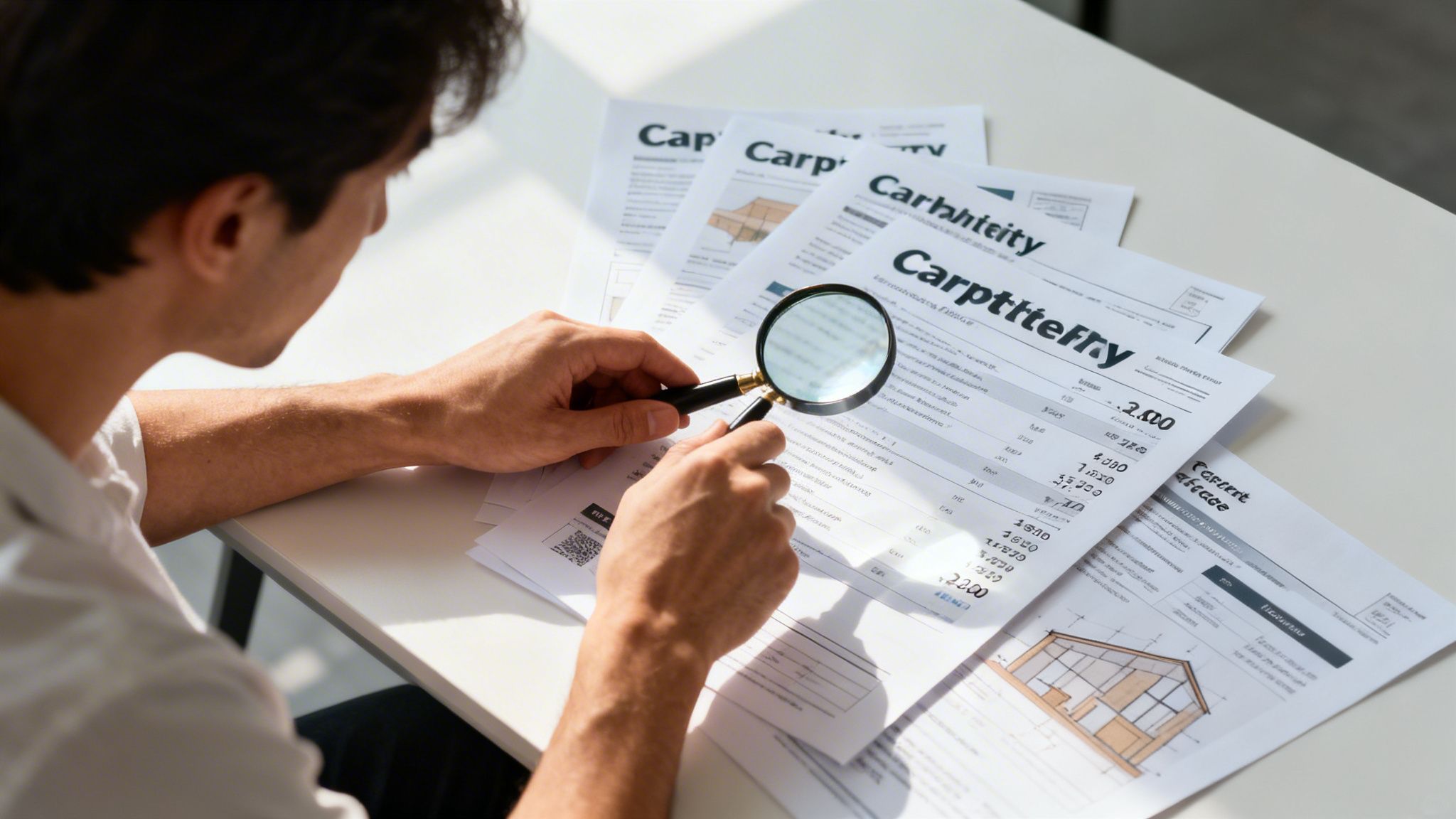 En mand undersøger detaljeret et tilbud på tømrerarbejde med et forstørrelsesglas ved sit skrivebord på kontoret.