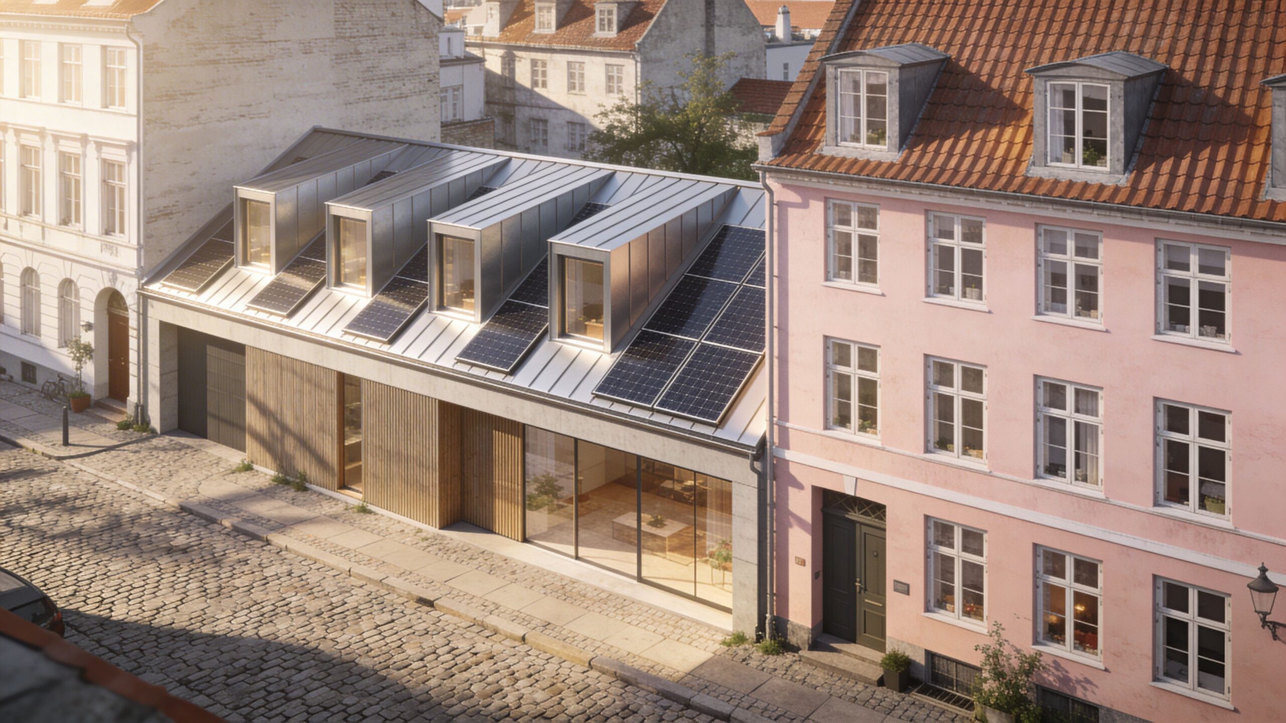Moderne arkitektonisk byfornyelse i København med tagterrasse, solceller og en blanding af historisk og nutidig byggestil.