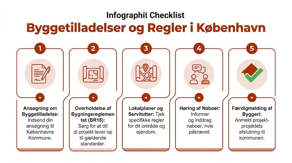 En tjekliste med fem trin for byggetilladelser og regler ved byggeprojekter i Københavns Kommune.