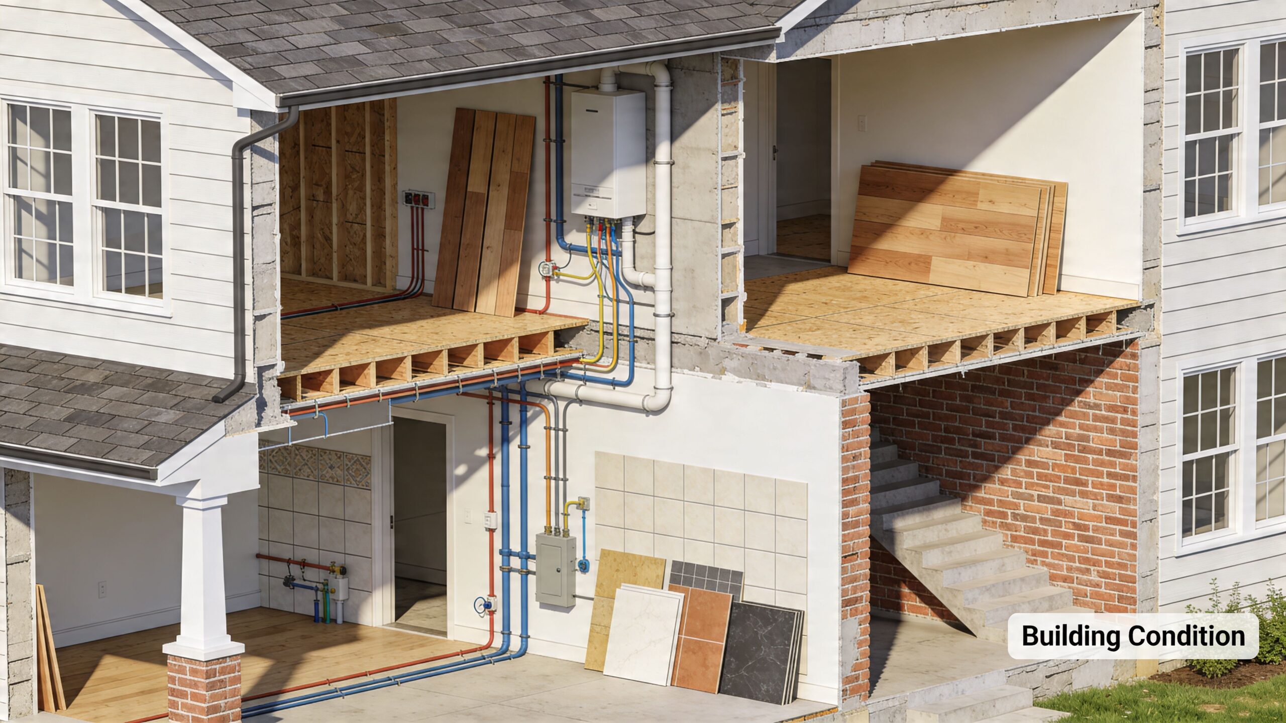 Tværsnit af et hus under renovering med synlige rørføringer, el-installationer og byggematerialer til moderne boligbyggeri.