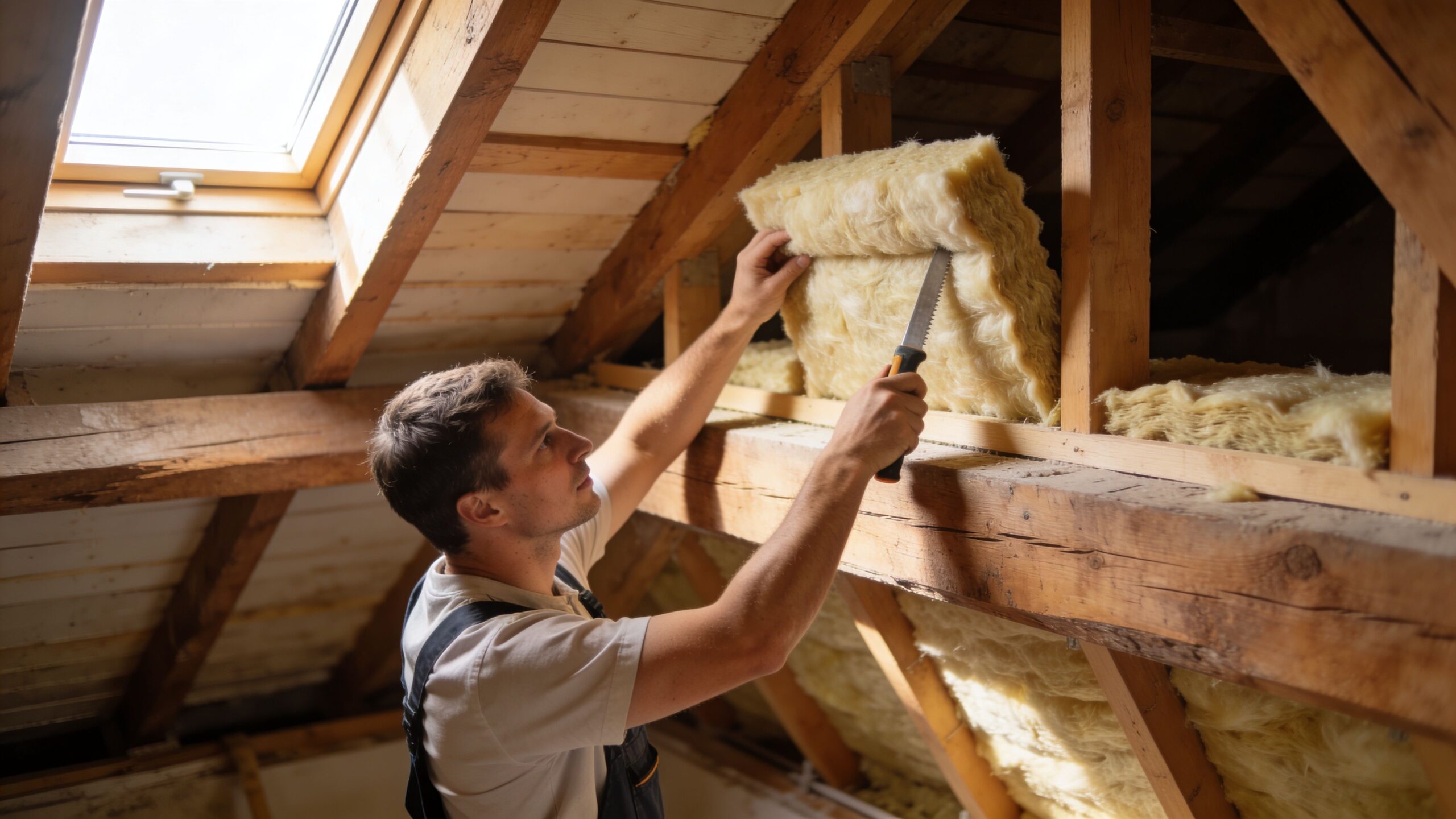 Håndværker monterer isolering i loftet under en renovering af et ældre hus med synlige træspær.