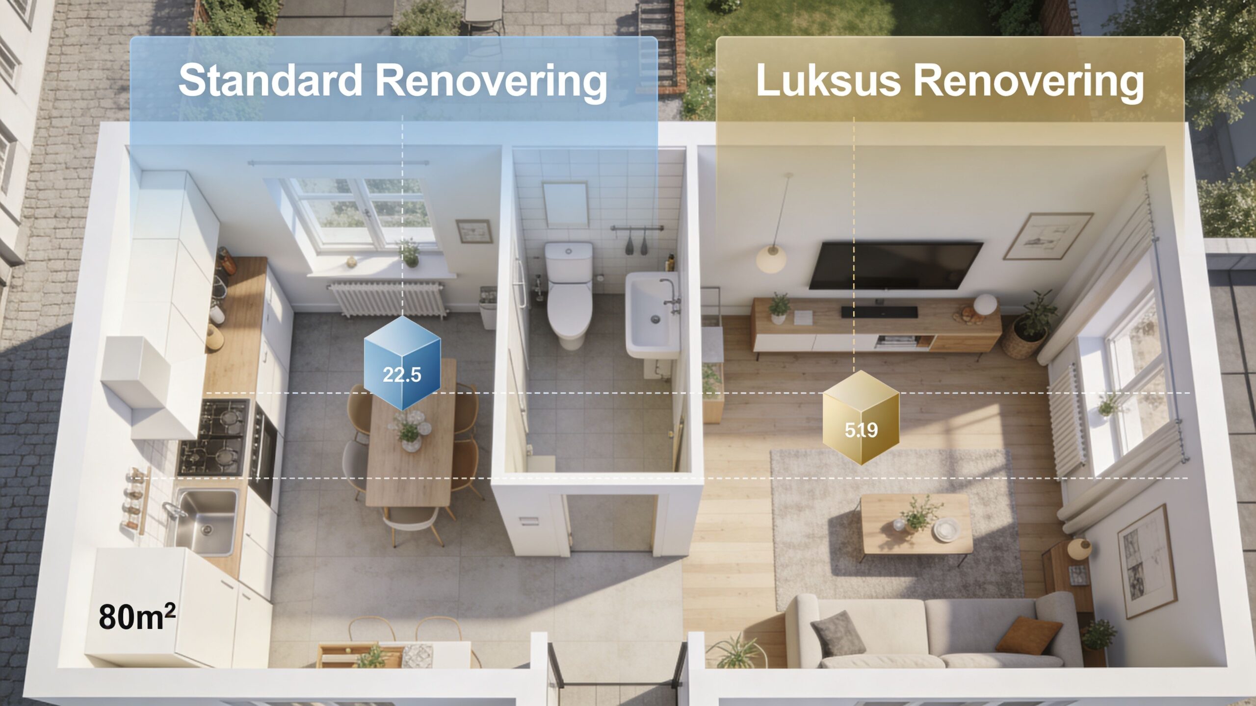 En 3D-plantegning af en 80 kvadratmeter lejlighed, der illustrerer prisforskelle mellem standard- og luksusrenovering af boligen.