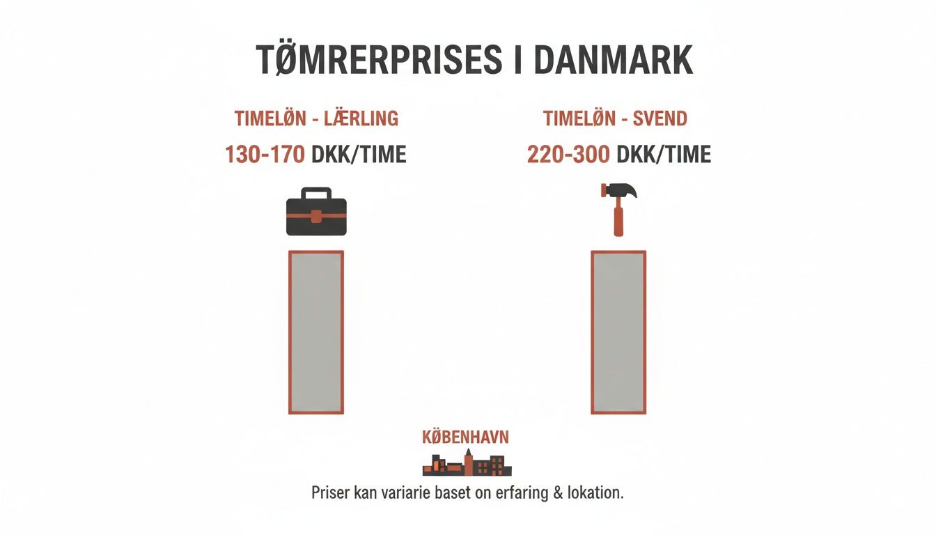Infografik viser tømrerpriser i Danmark for lærlinge (130-170 DKK/time) og svende (220-300 DKK/time).