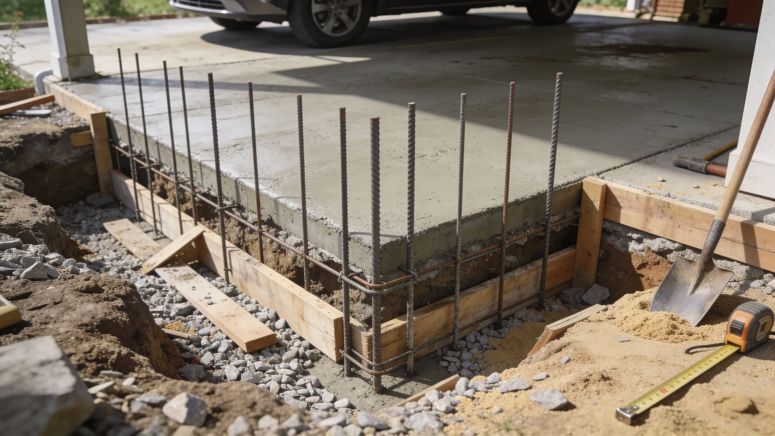 Fundamentet til en ny carport under opbygning med jernarmering og træforskalling klar til støbning af beton.