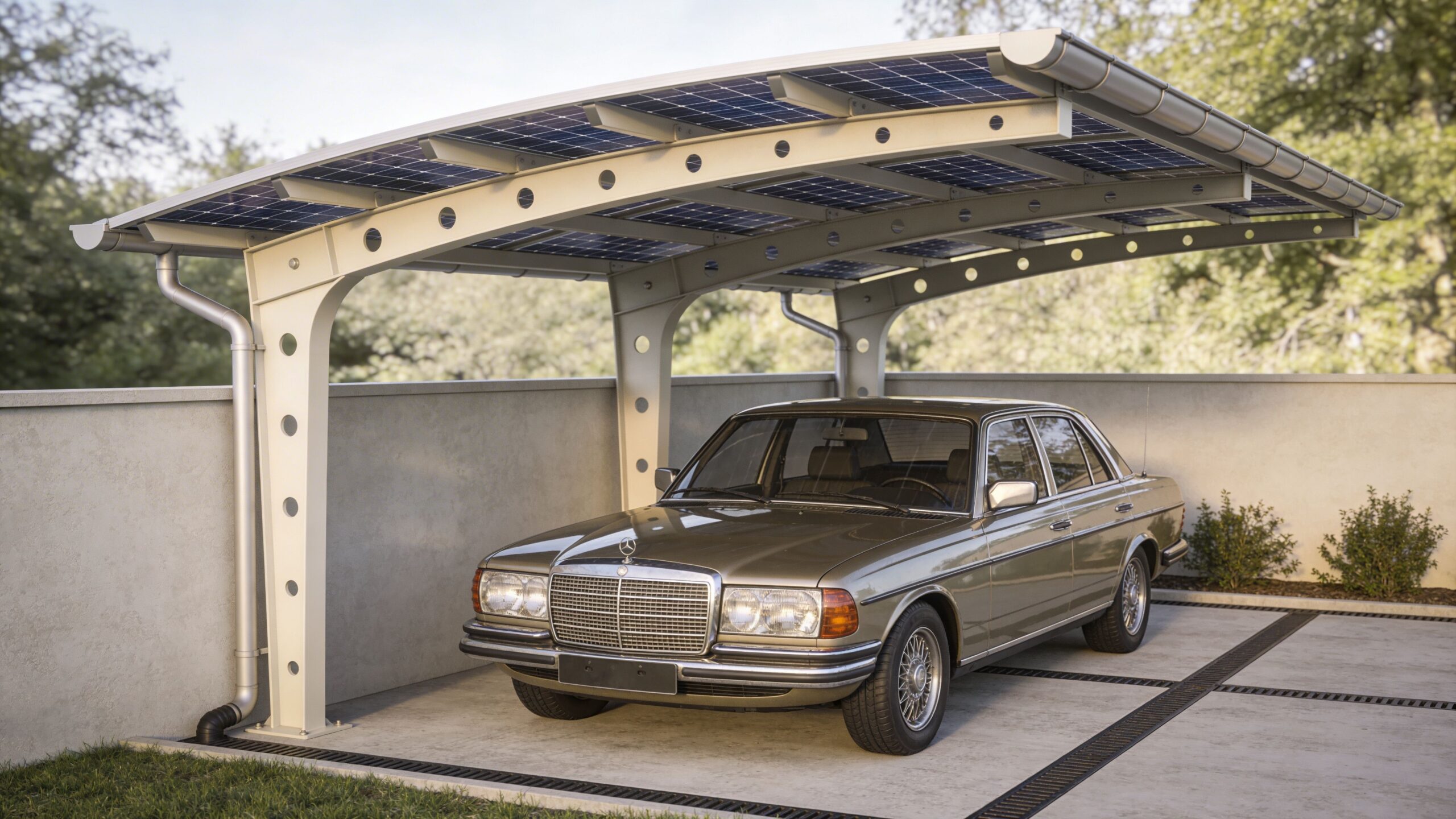 En elegant beige veteranbil parkeret under en moderne carport med solceller på taget i en villahave.
