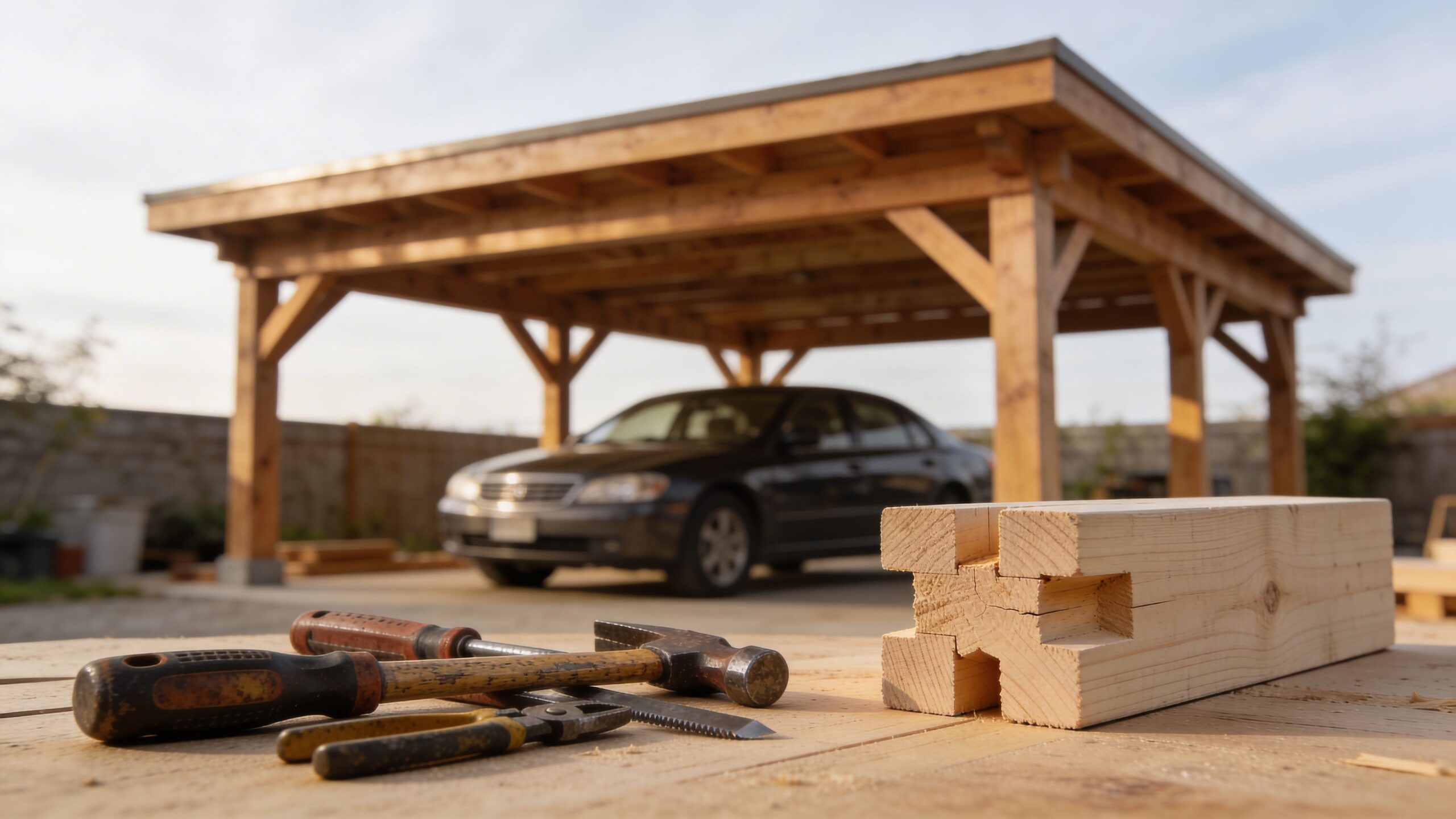 Værktøj og træbjælker placeret på en arbejdsplads foran en nybygget carport med en bil i baggrunden.