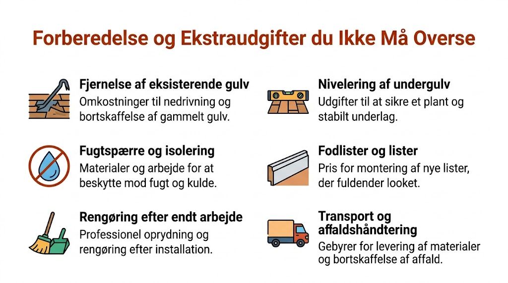 Grafisk oversigt over forberedelse og mulige ekstraomkostninger forbundet med lægning af nyt gulv i boligen.