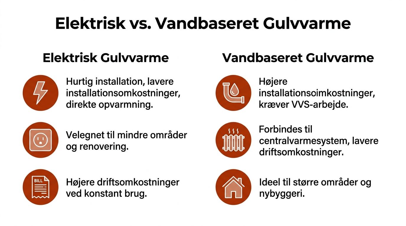 En sammenligningsoversigt der viser forskellene mellem elektrisk og vandbaseret gulvvarme med fordele og ulemper ved hver.