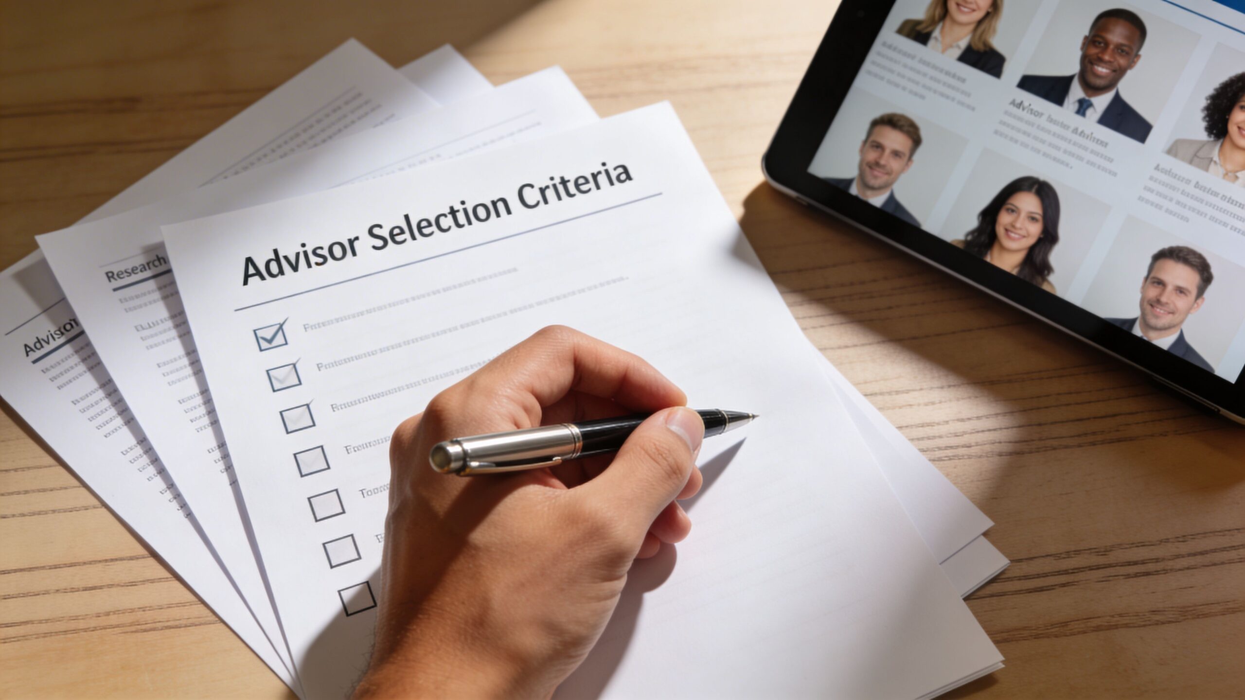 En hånd holder en kuglepen over et dokument med titlen Advisor Selection Criteria ved siden af en tablet.