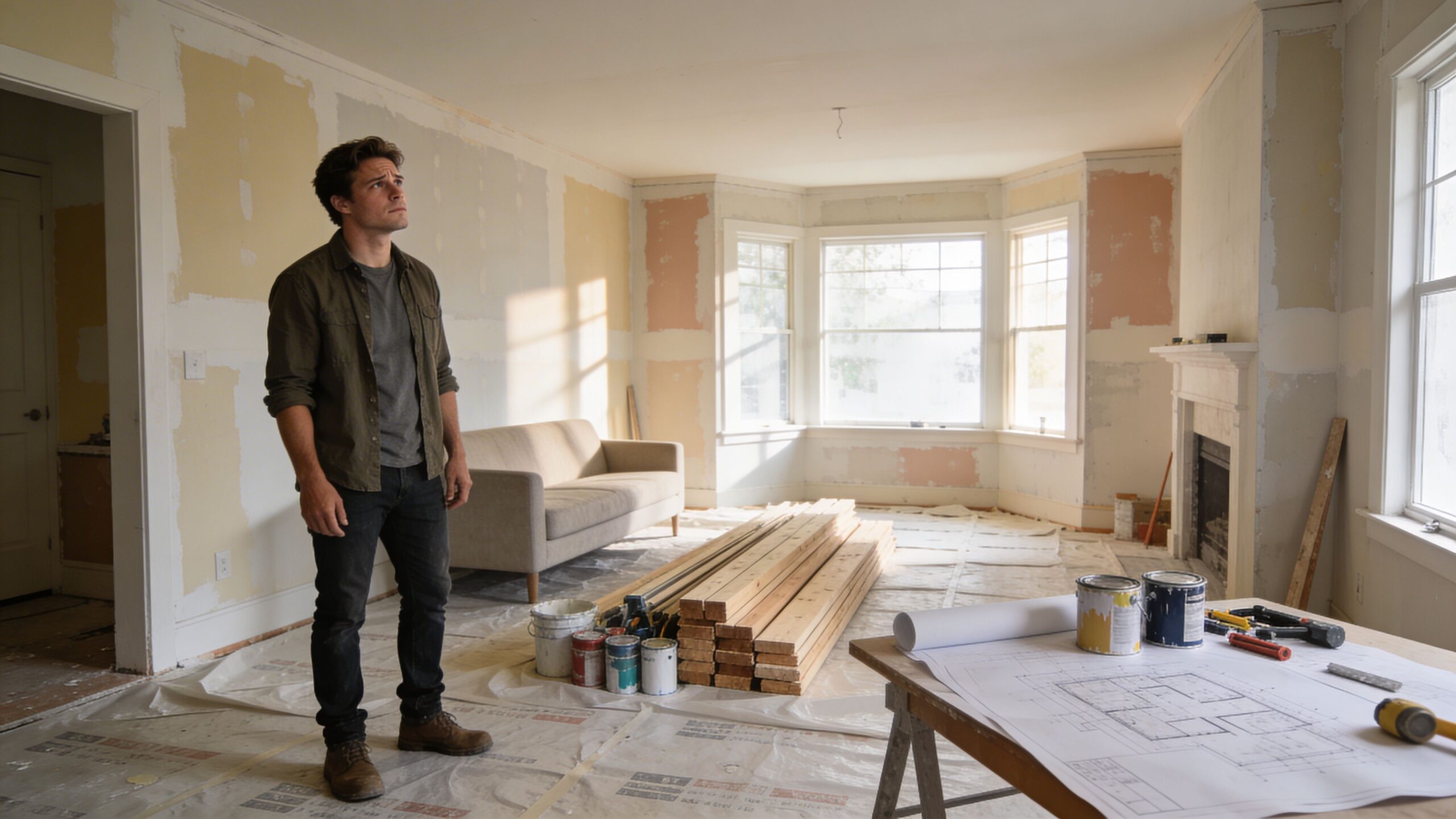 En mand står i en u færdig stue under renovering og betragter rummets arkitektur og byggeplaner.