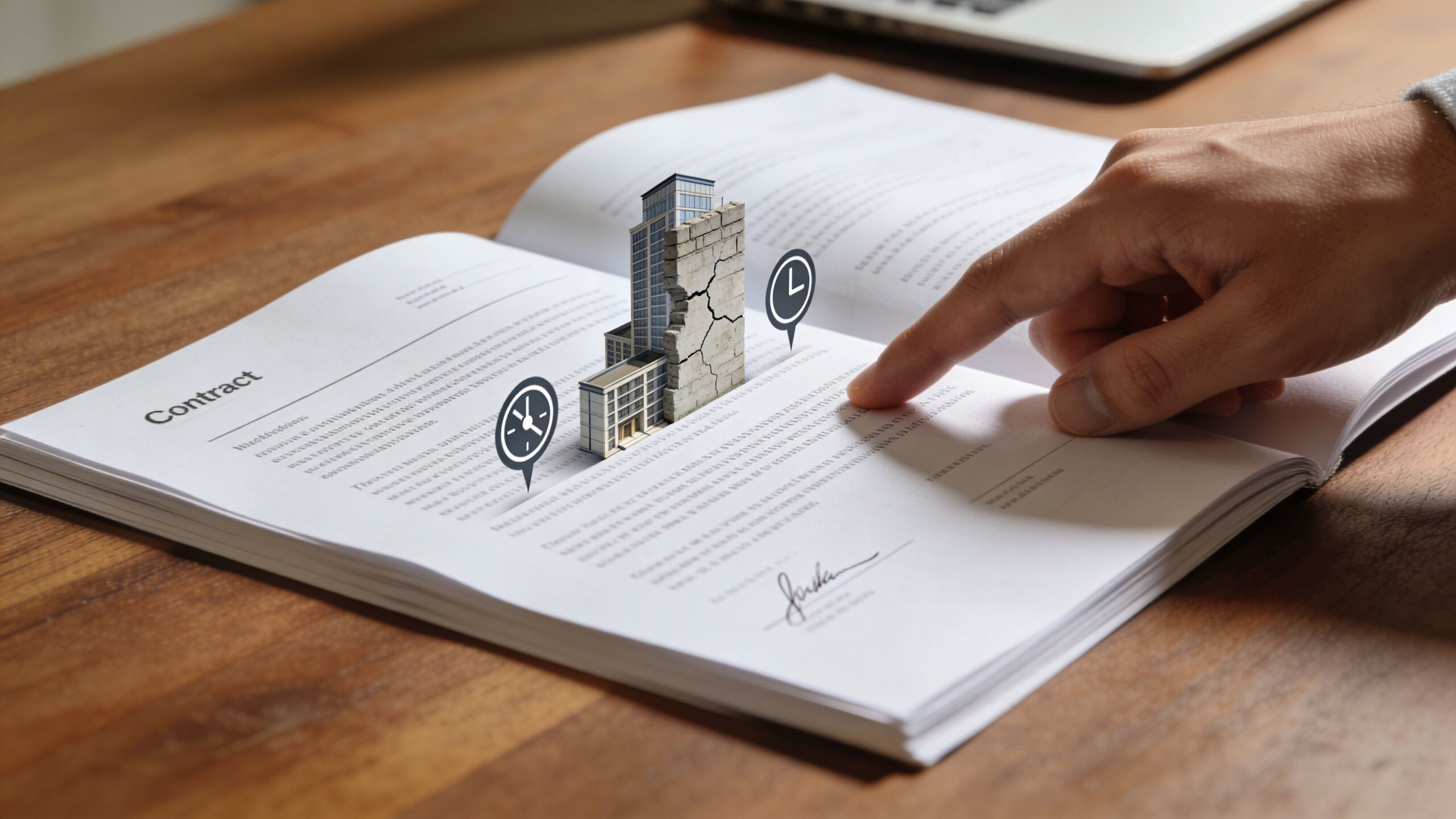 En person peger på en entreprisekontrakt med en 3D-visualisering af bygninger og tidsstyringssymboler på papiret.