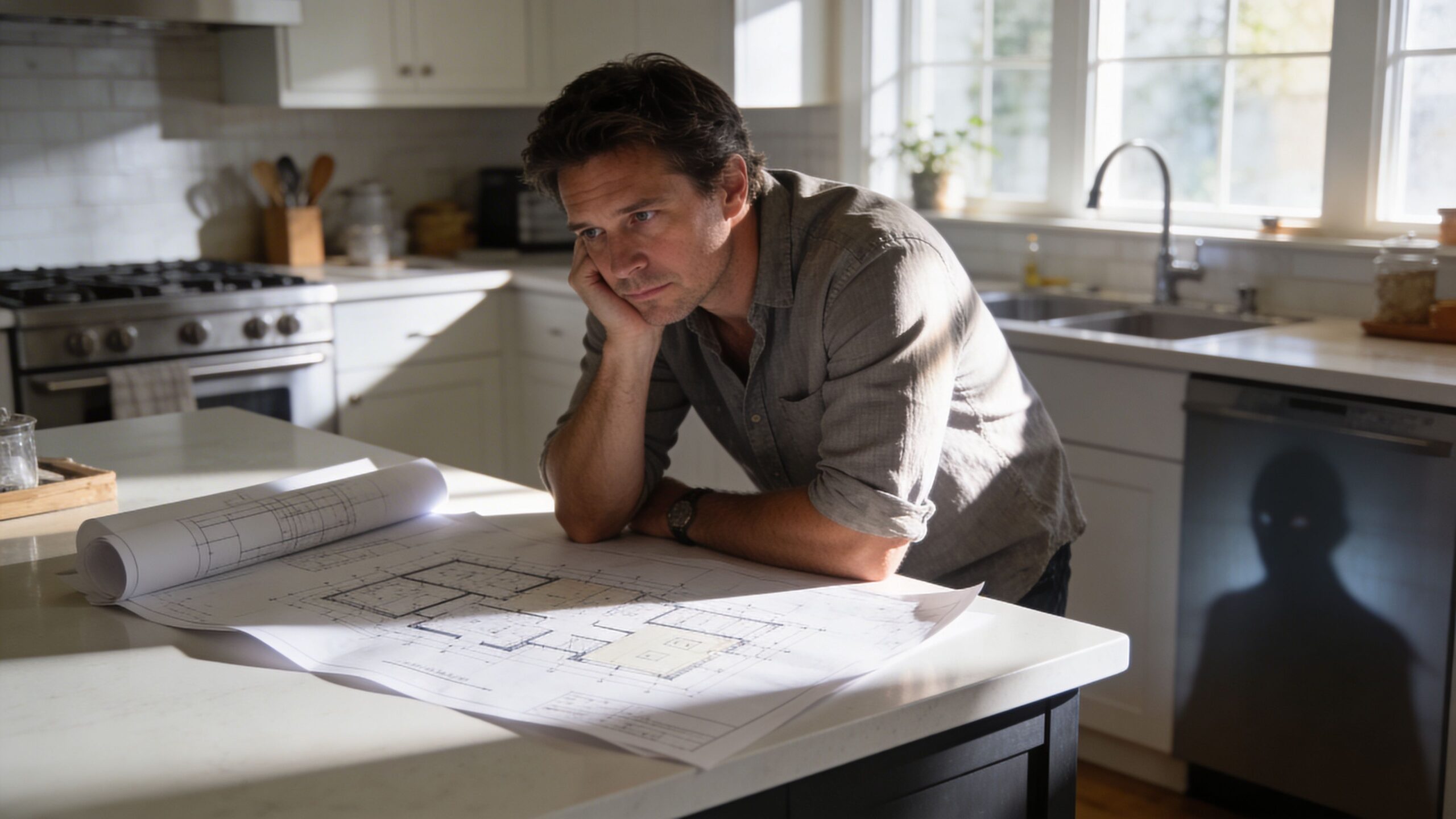 En mand kigger eftertænksomt på arkitekttegninger ved køkkenbordet, mens en mystisk skygge ses på opvaskemaskinen.